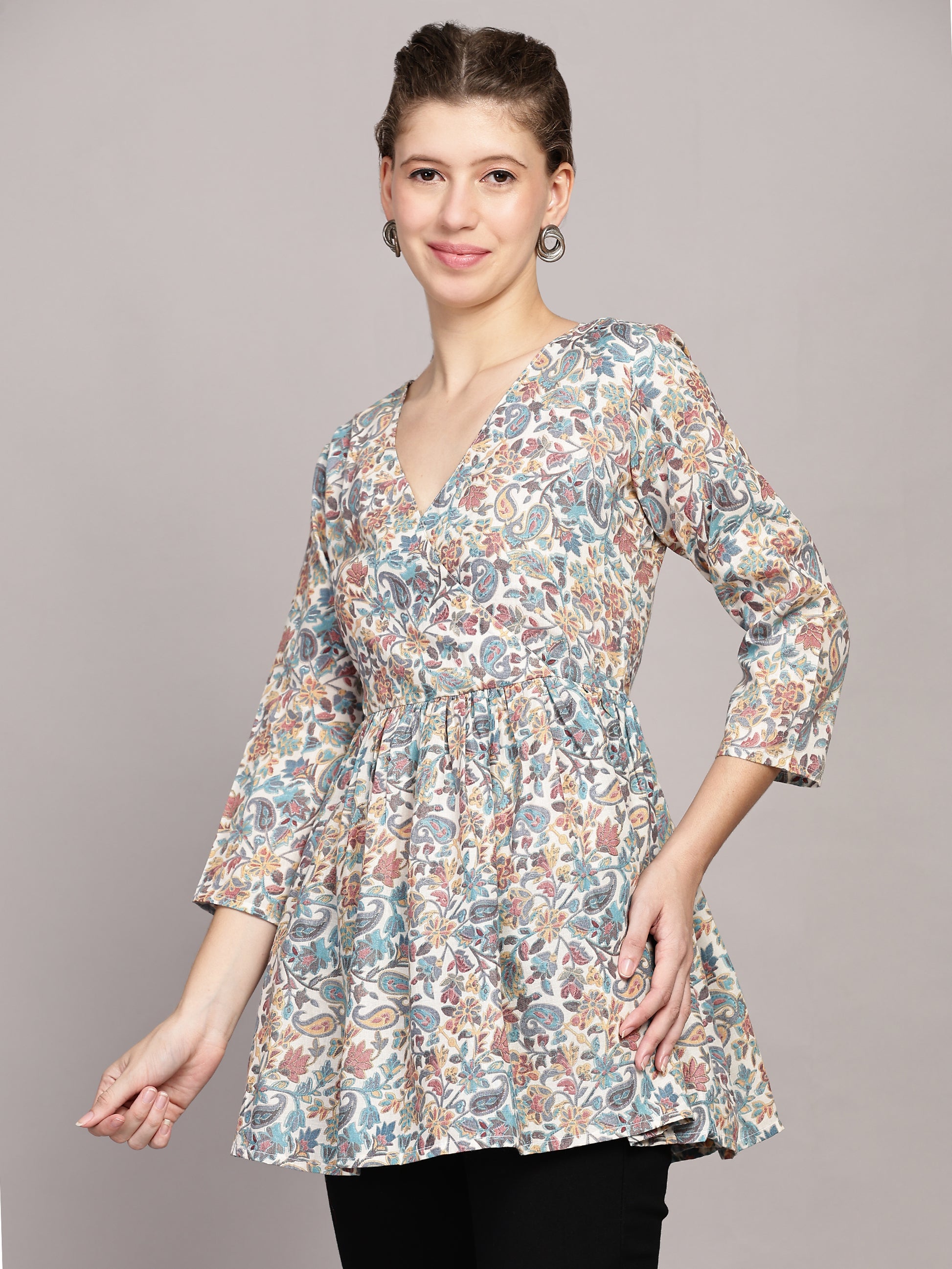 TrendRush Women Paisley Blue V-Neck Wrap Top