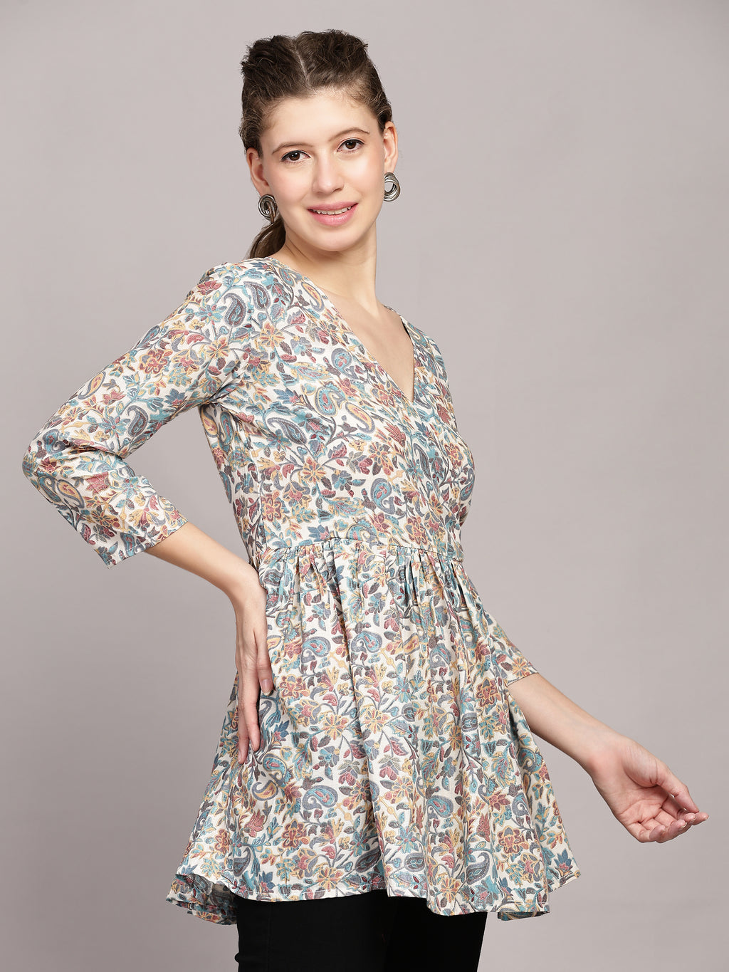 TrendRush Women Paisley Blue V-Neck Wrap Top