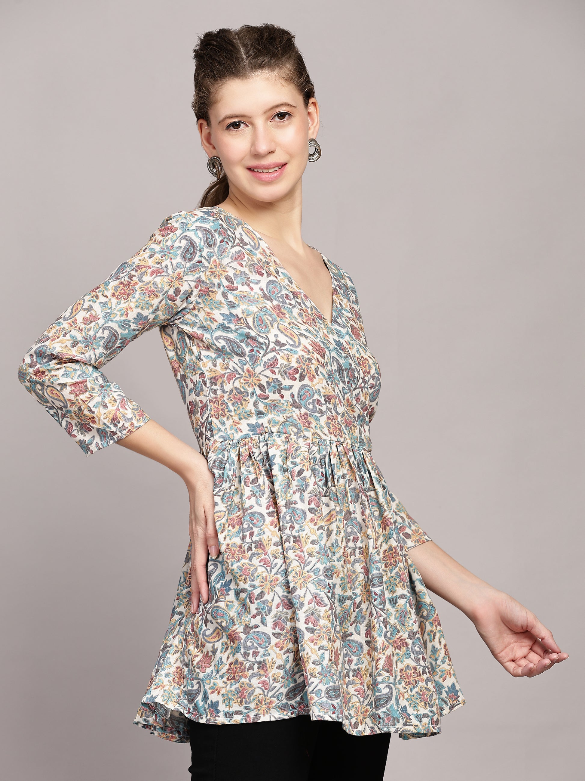 TrendRush Women Paisley Blue V-Neck Wrap Top
