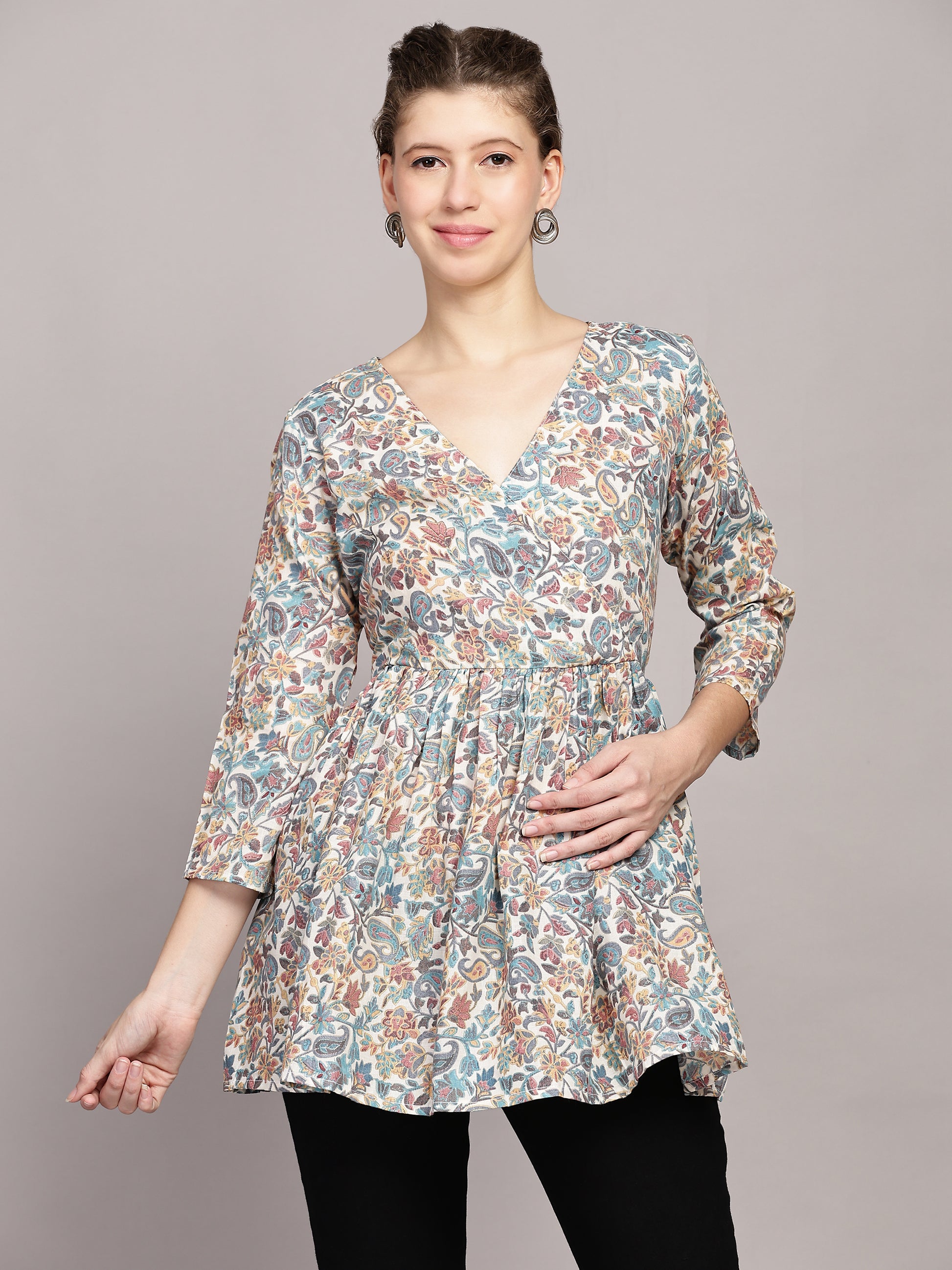 TrendRush Women Paisley Blue V-Neck Wrap Top