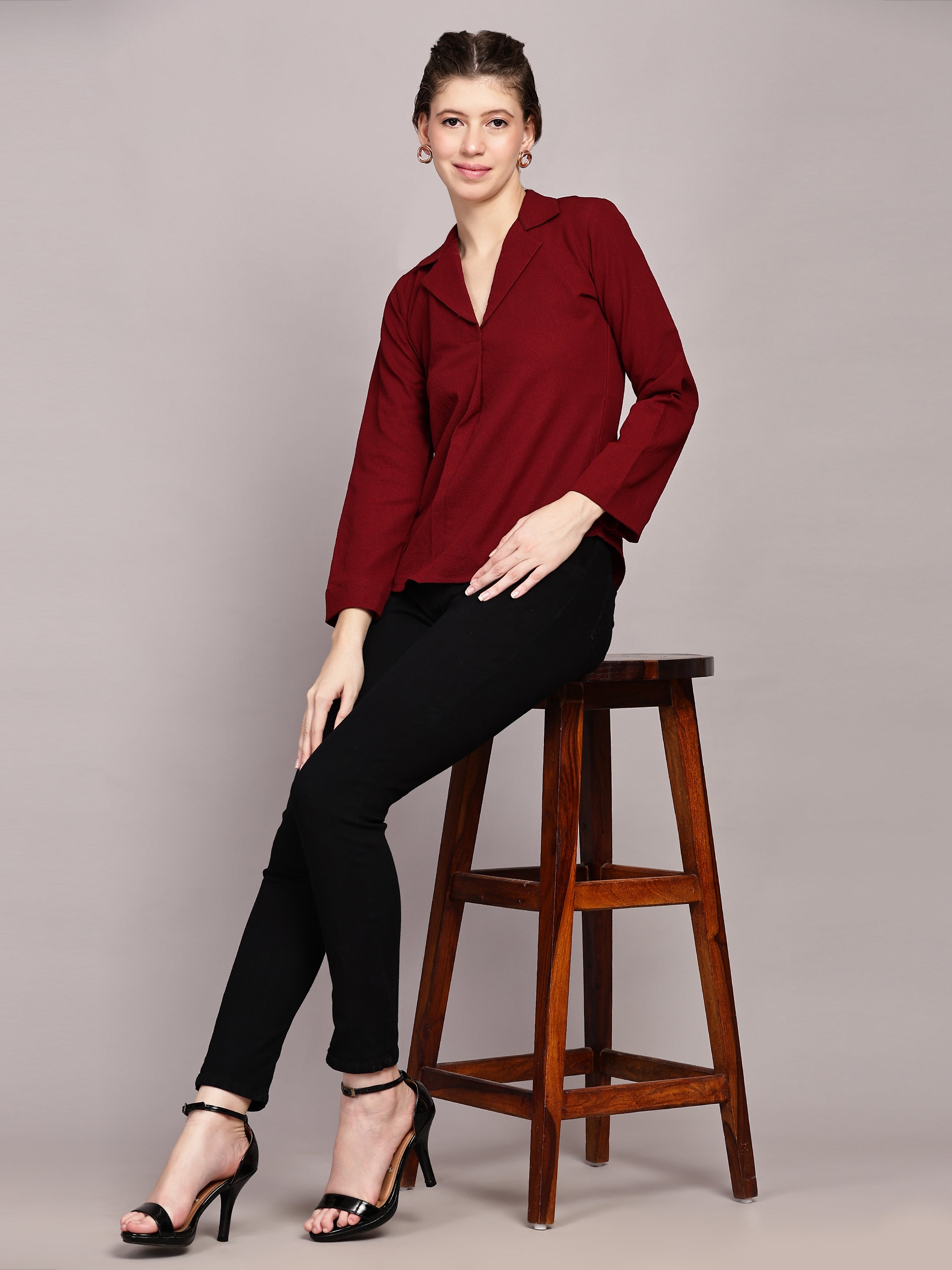 TrendRush Women Red Solid Shawl Collar Top