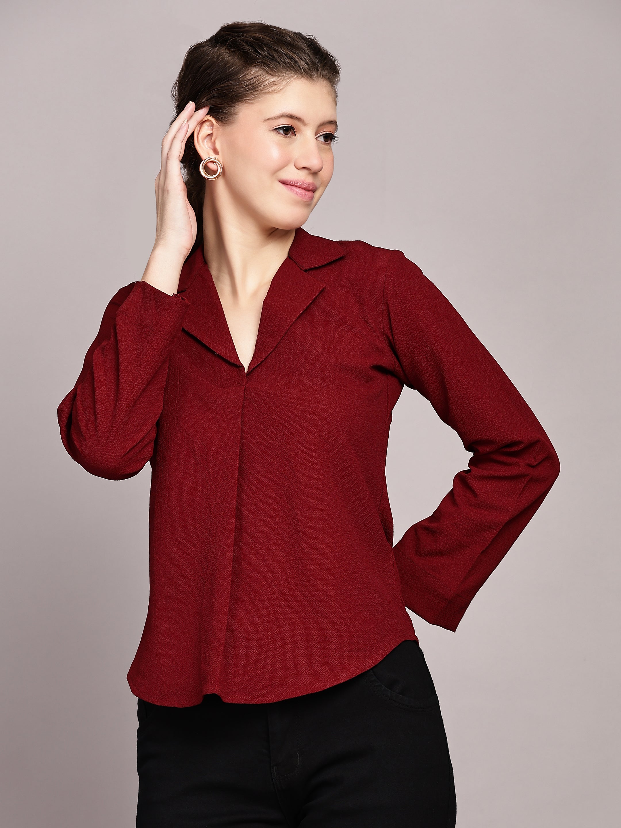 TrendRush Women Red Solid Shawl Collar Top