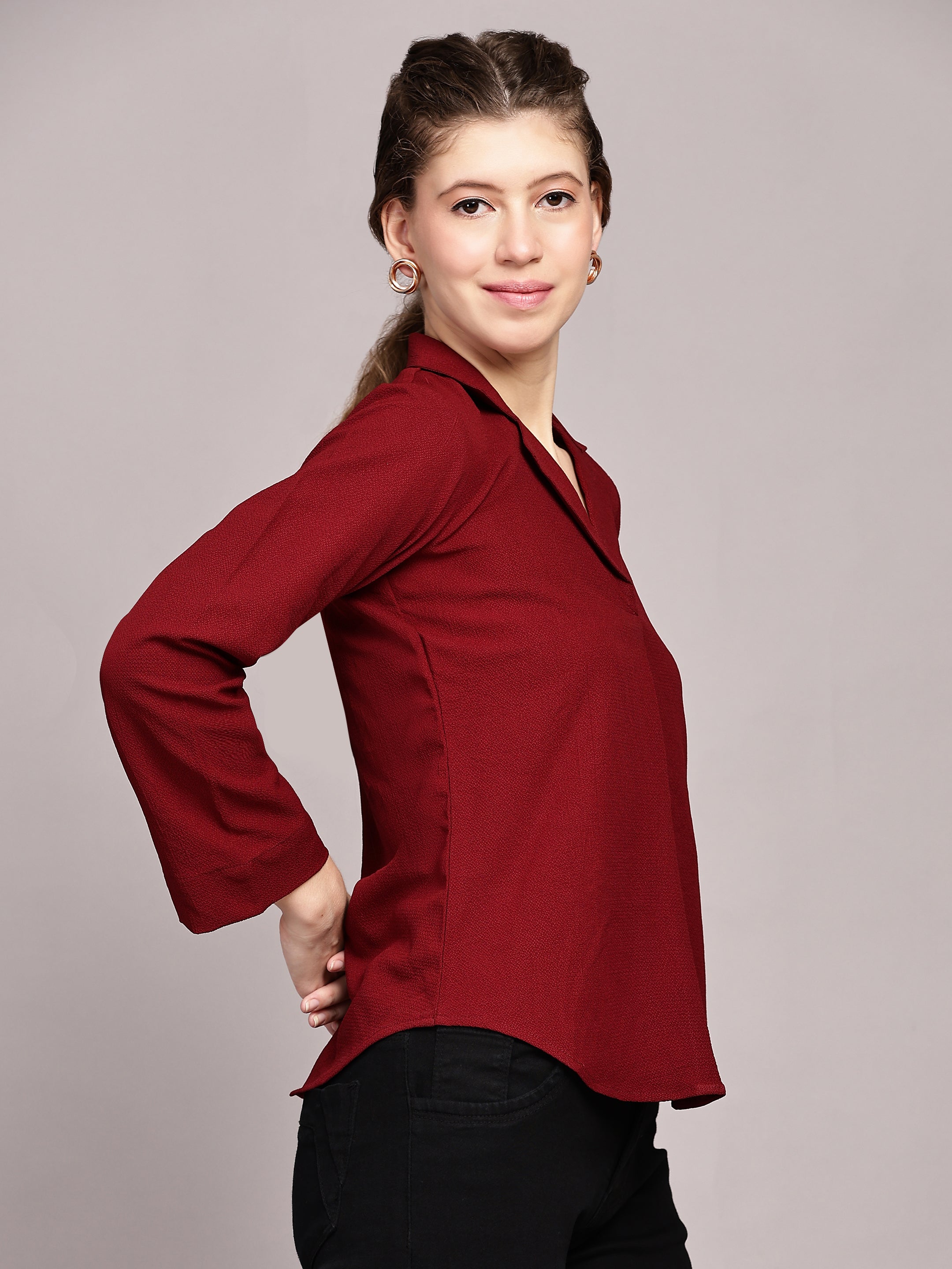 TrendRush Women Red Solid Shawl Collar Top
