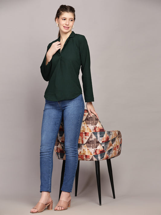 TrendRush Women Green Solid Shawl Collar Top