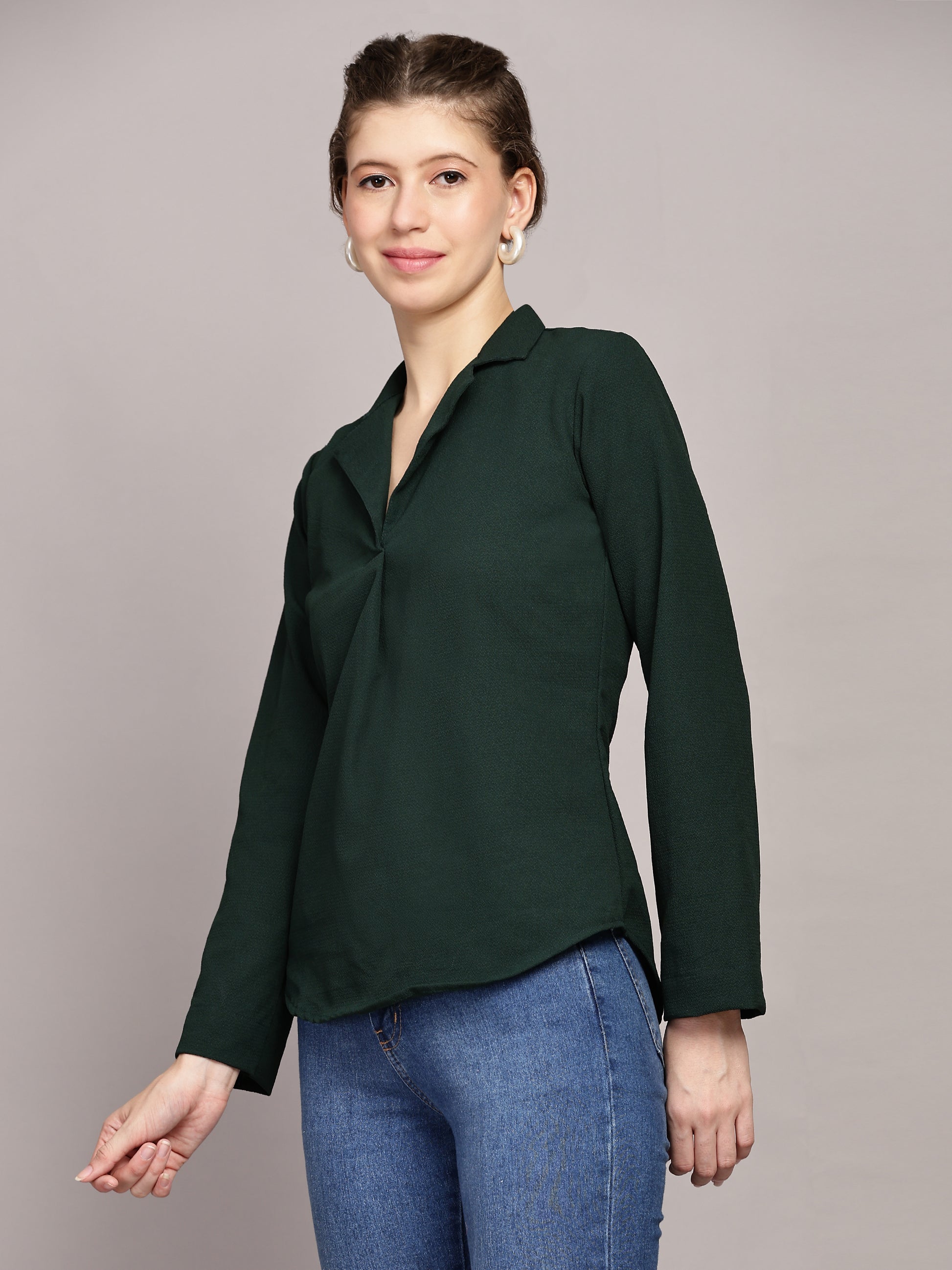 TrendRush Women Green Solid Shawl Collar Top