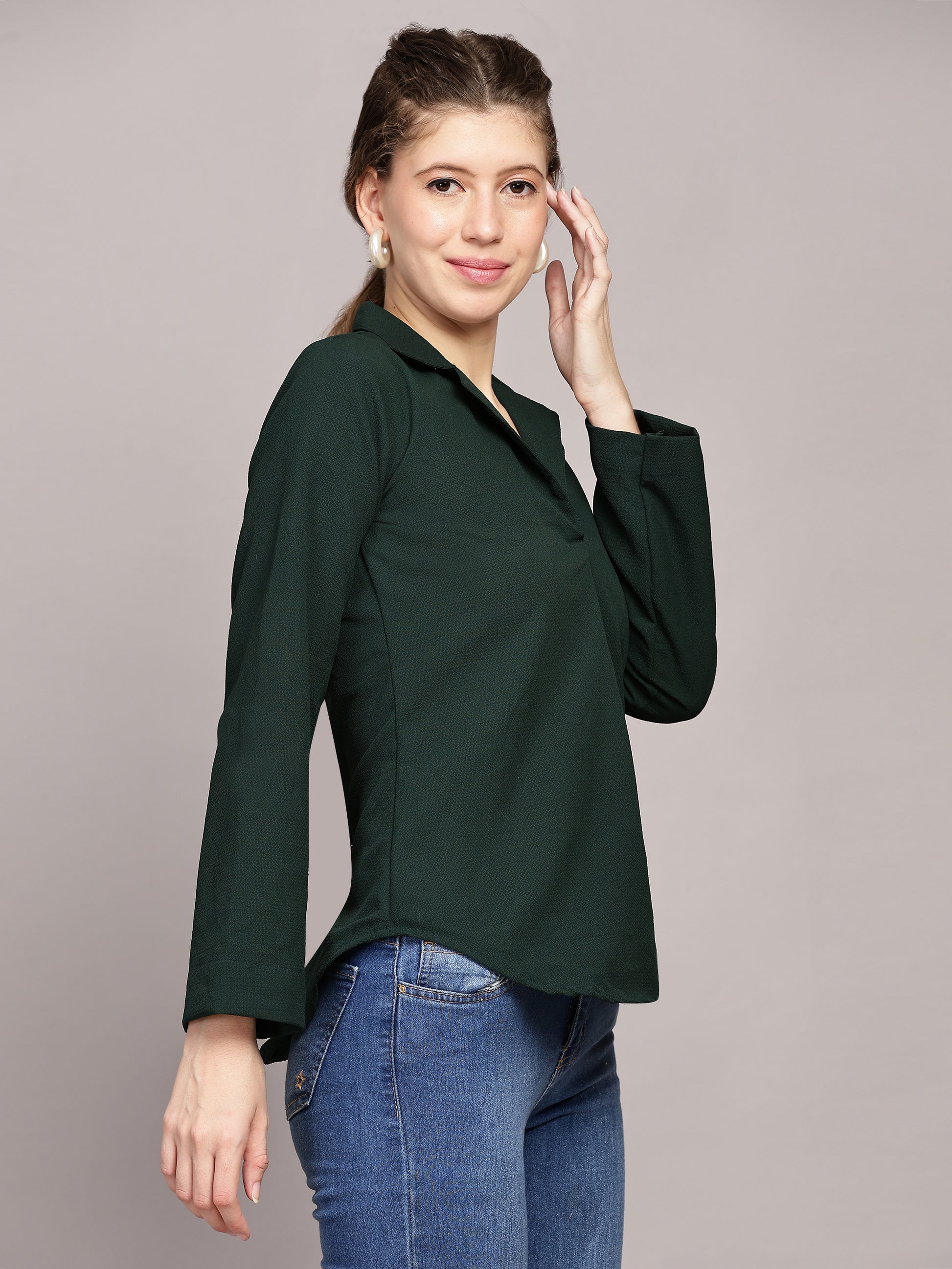 TrendRush Women Green Solid Shawl Collar Top