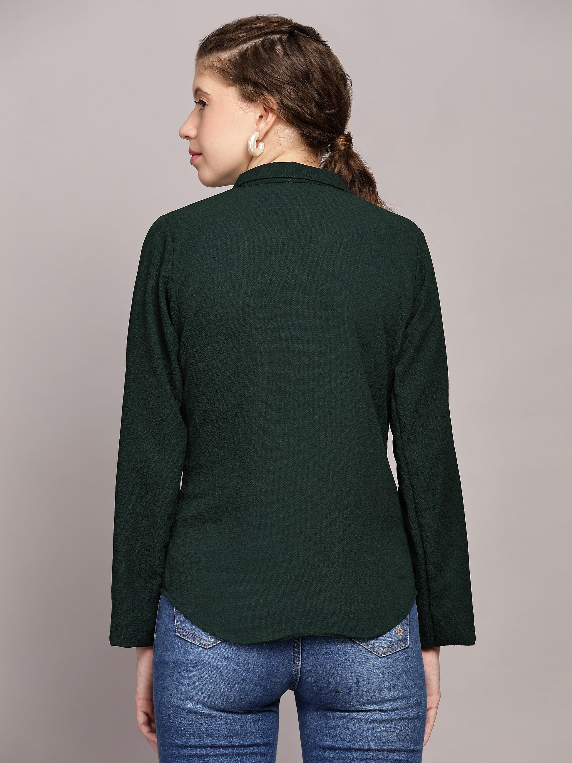 TrendRush Women Green Solid Shawl Collar Top