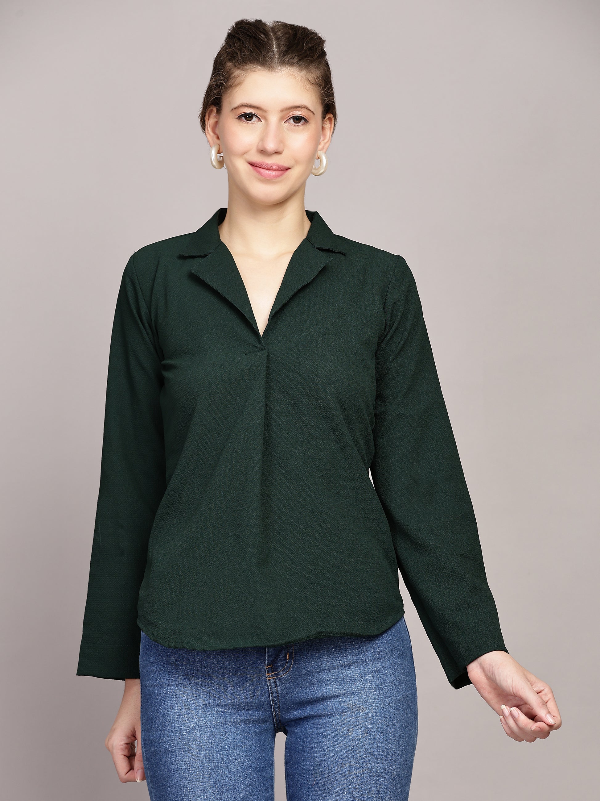 TrendRush Women Green Solid Shawl Collar Top