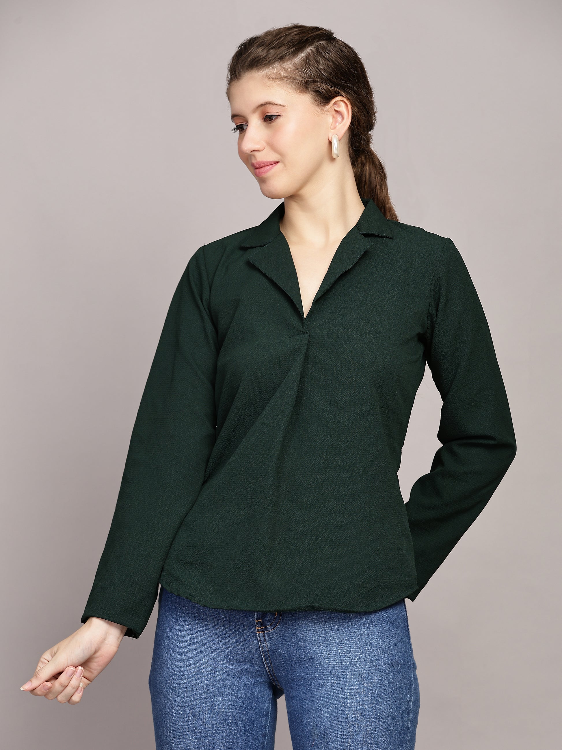 TrendRush Women Green Solid Shawl Collar Top
