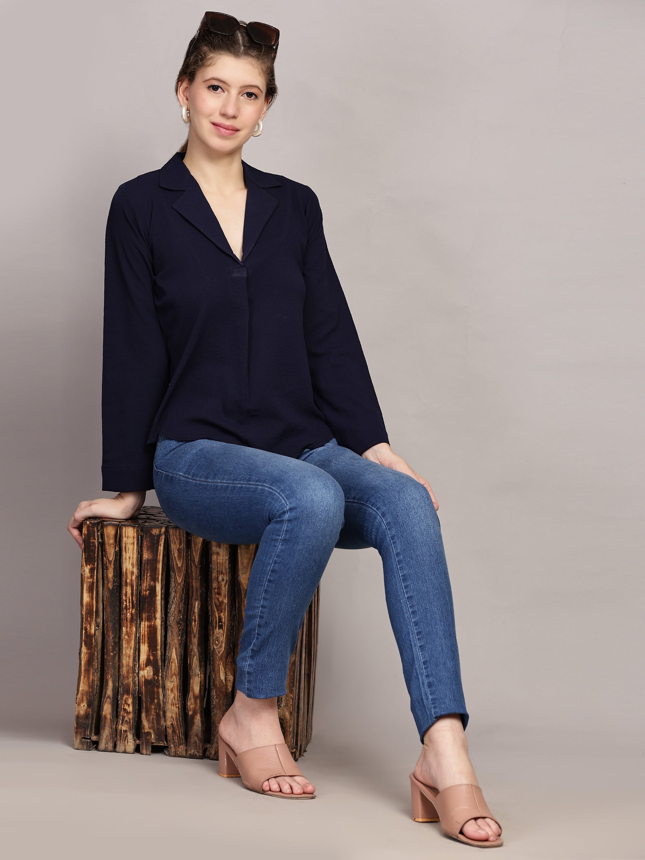 TrendRush Women Blue Solid Shawl Collar Top