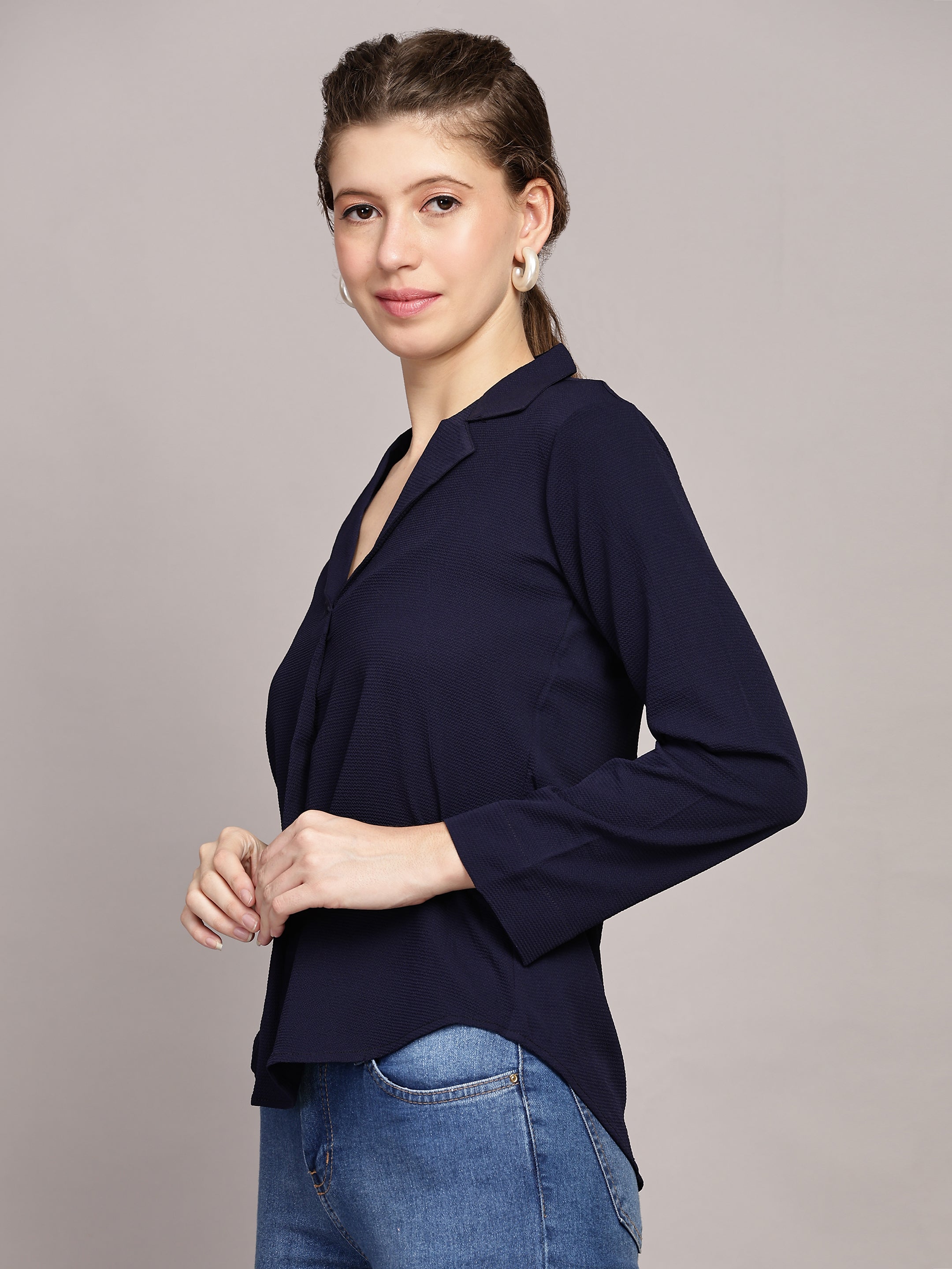 TrendRush Women Blue Solid Shawl Collar Top