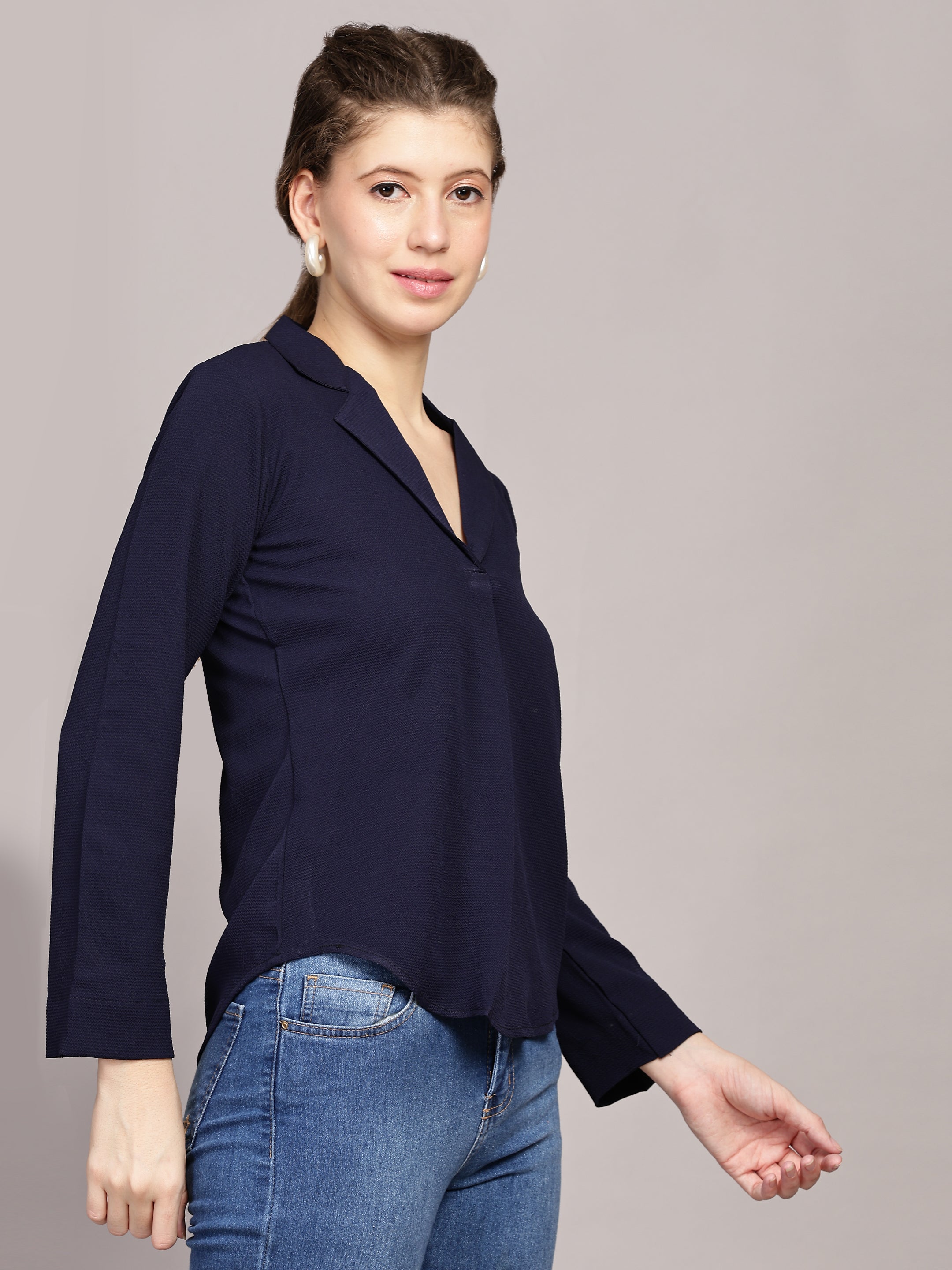 TrendRush Women Blue Solid Shawl Collar Top