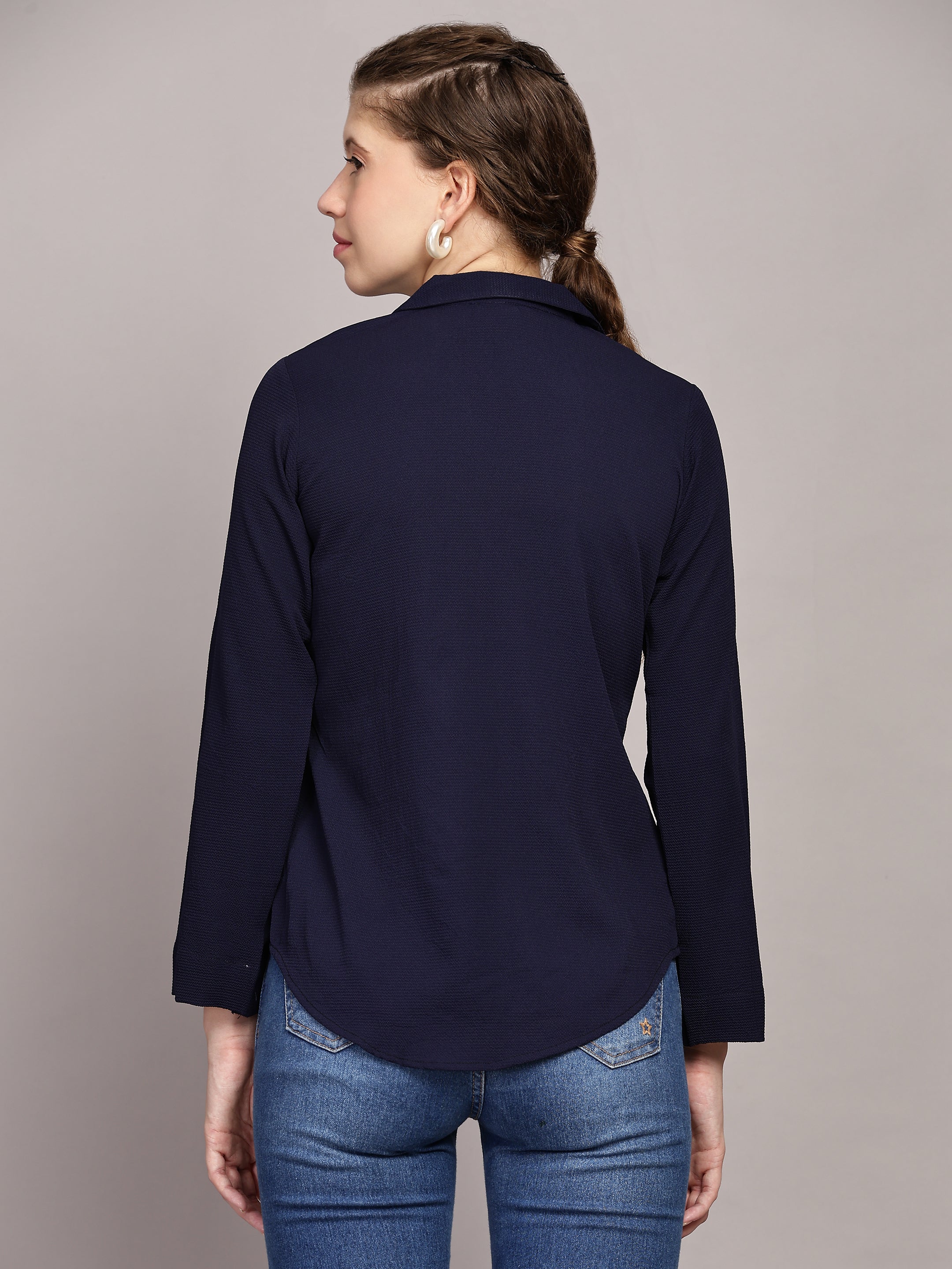 TrendRush Women Blue Solid Shawl Collar Top