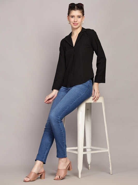 TrendRush Women Black Solid Shawl Collar Top