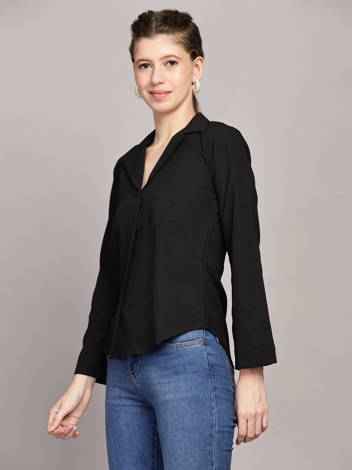 TrendRush Women Black Solid Shawl Collar Top