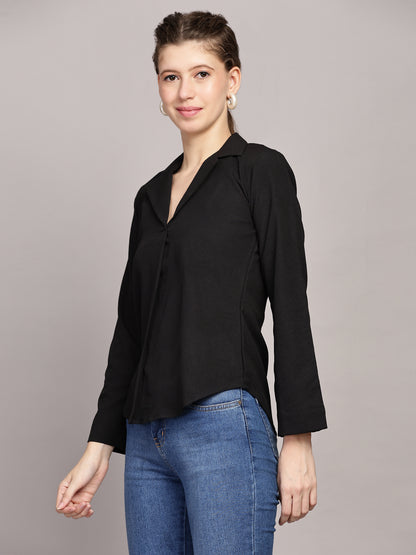 TrendRush Women Black Solid Shawl Collar Top