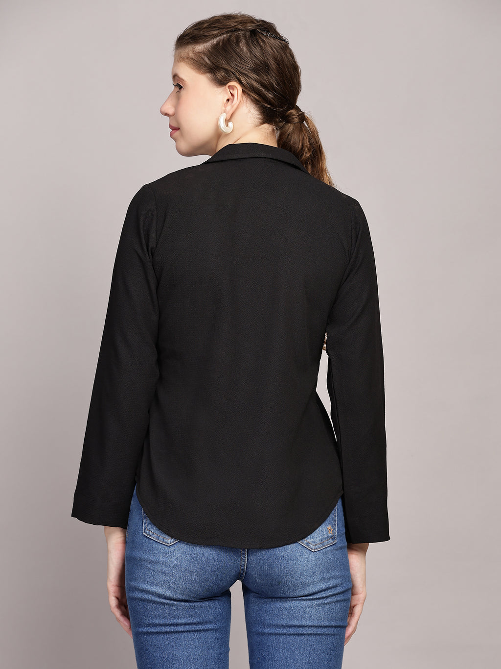 TrendRush Women Black Solid Shawl Collar Top