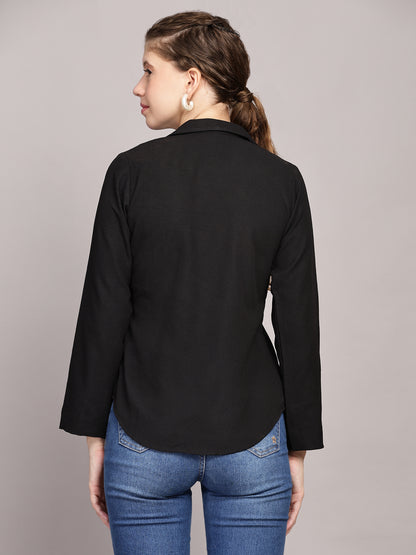 TrendRush Women Black Solid Shawl Collar Top
