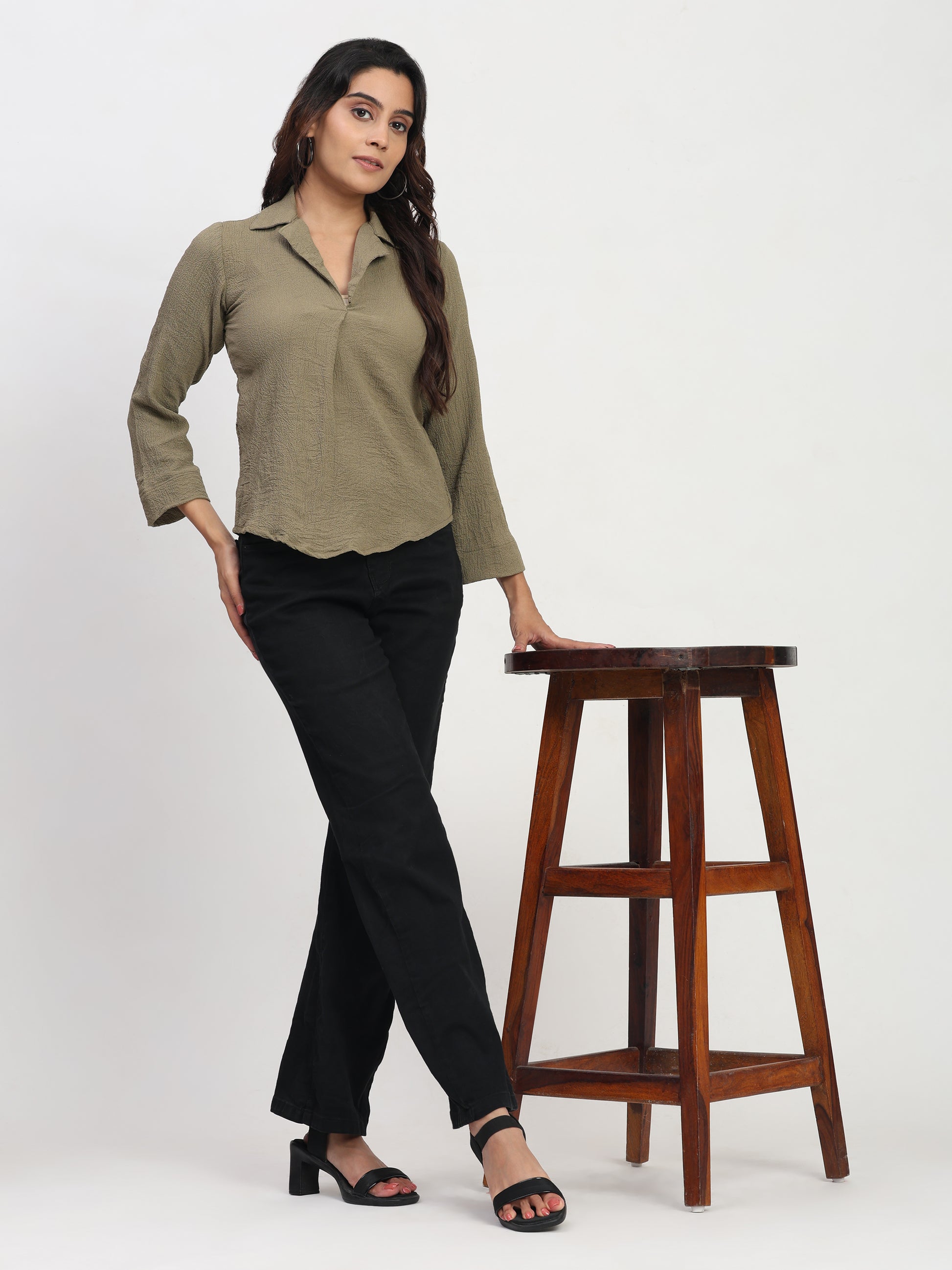 TrendRush Women Khakhi Green V-Neck Pleated Full Sleeve Formal Top