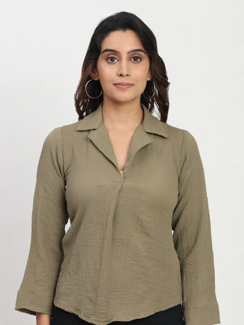 TrendRush Women Khakhi Green V-Neck Pleated Full Sleeve Formal Top