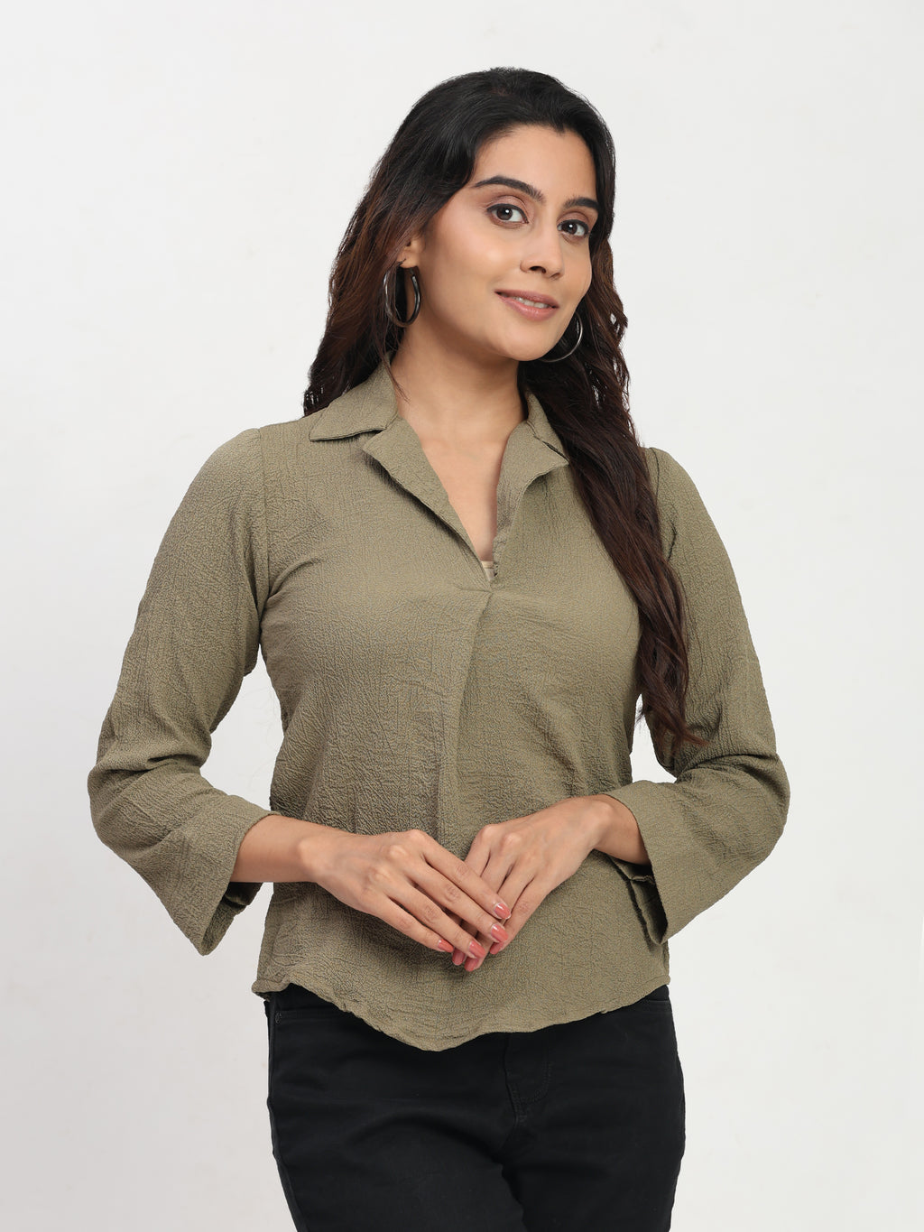 TrendRush Women Khakhi Green V-Neck Pleated Full Sleeve Formal Top
