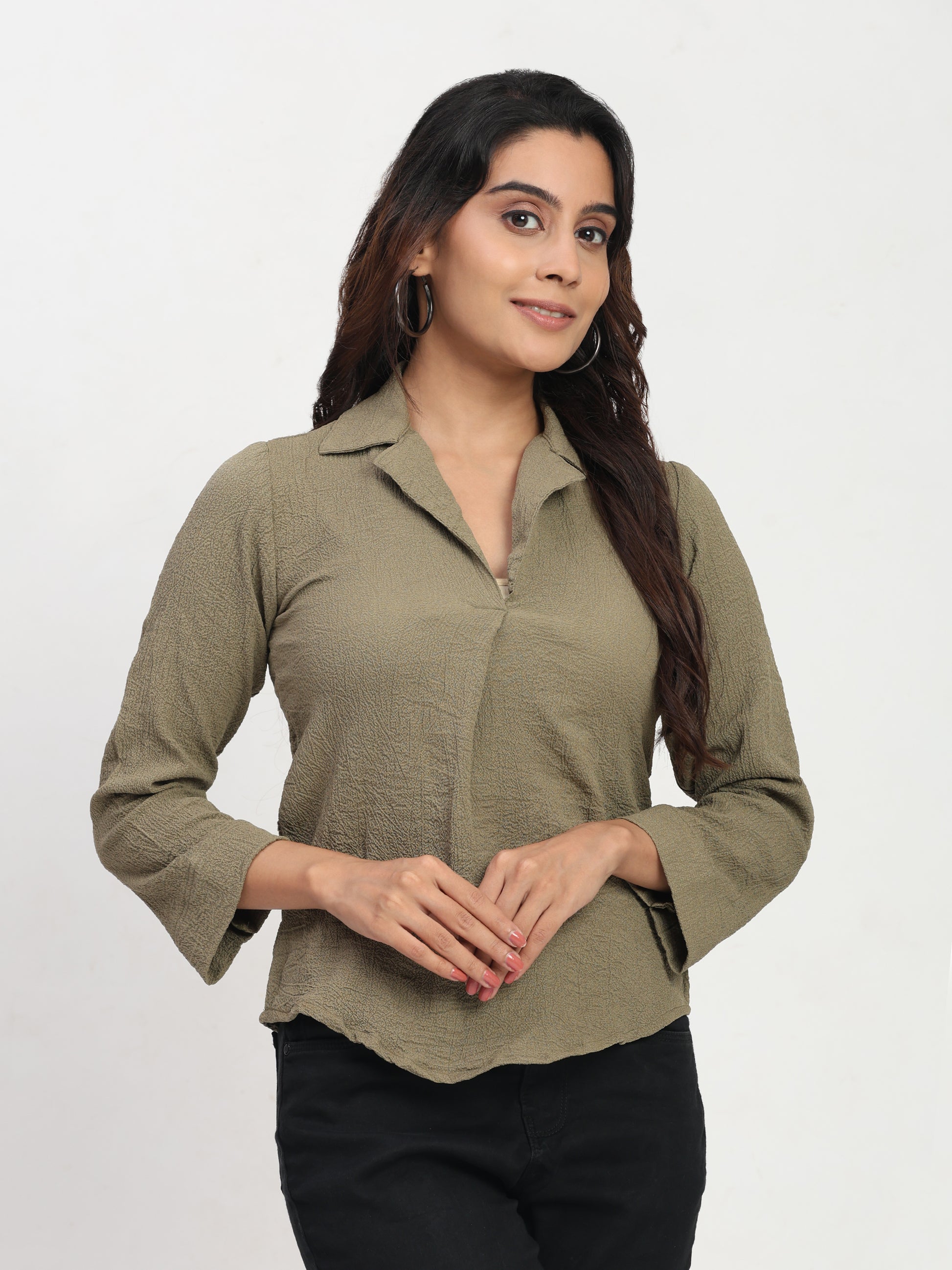 TrendRush Women Khakhi Green V-Neck Pleated Full Sleeve Formal Top