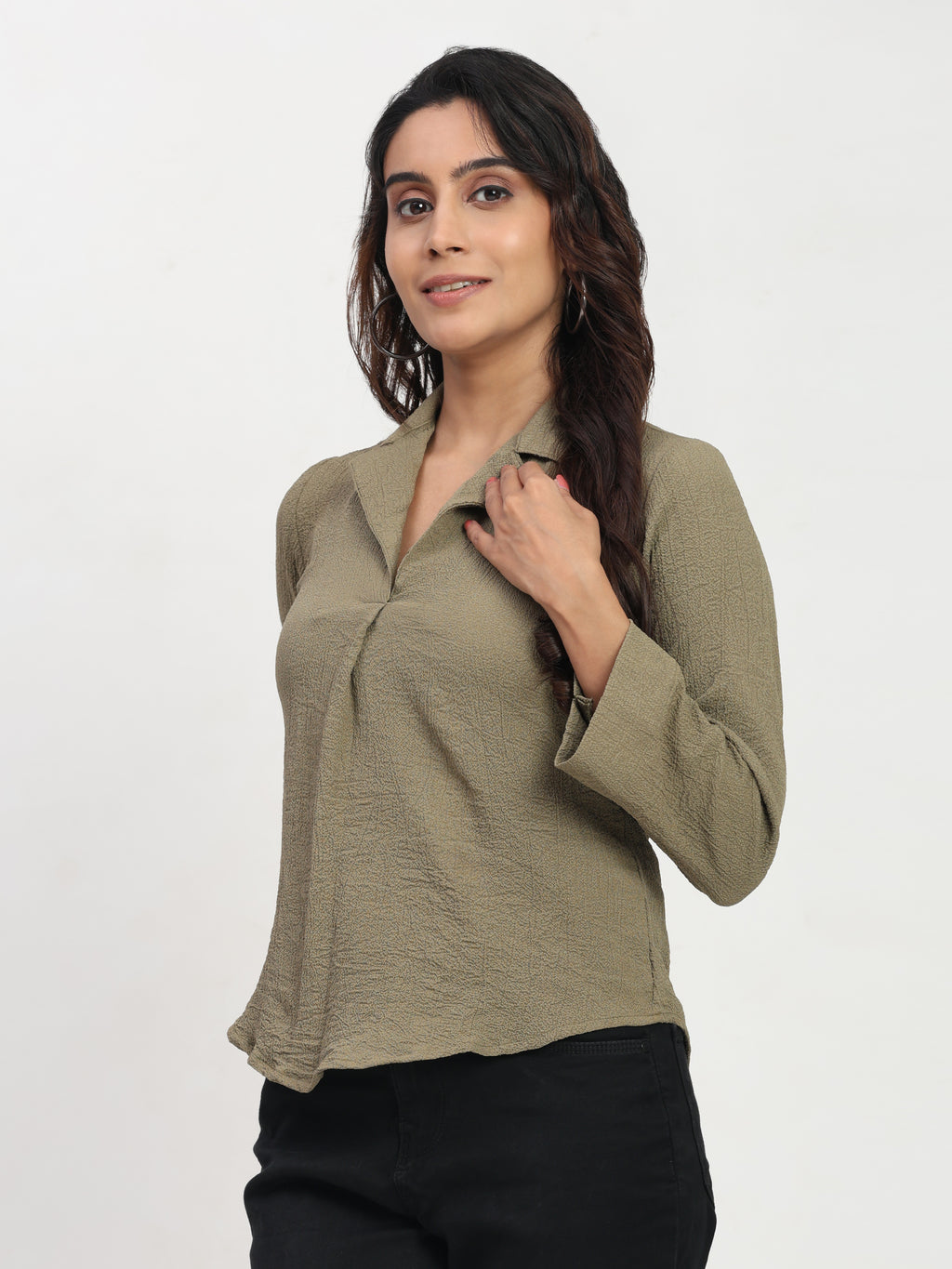 TrendRush Women Khakhi Green V-Neck Pleated Full Sleeve Formal Top
