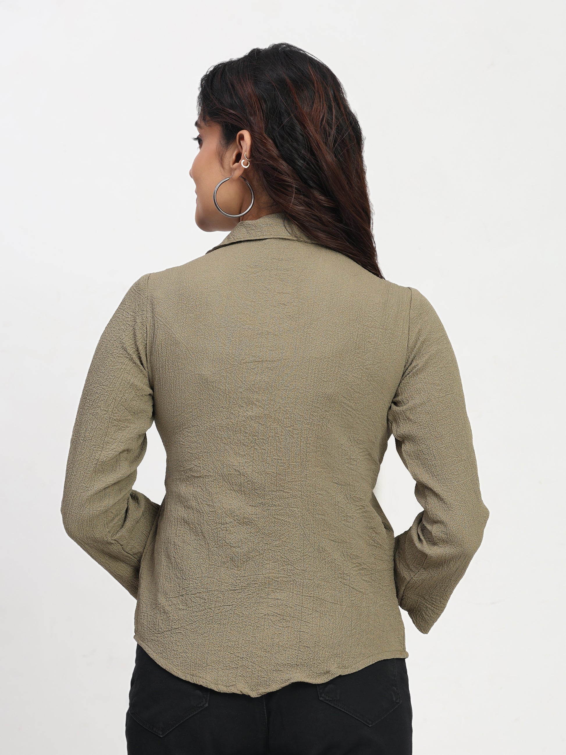 TrendRush Women Khakhi Green V-Neck Pleated Full Sleeve Formal Top