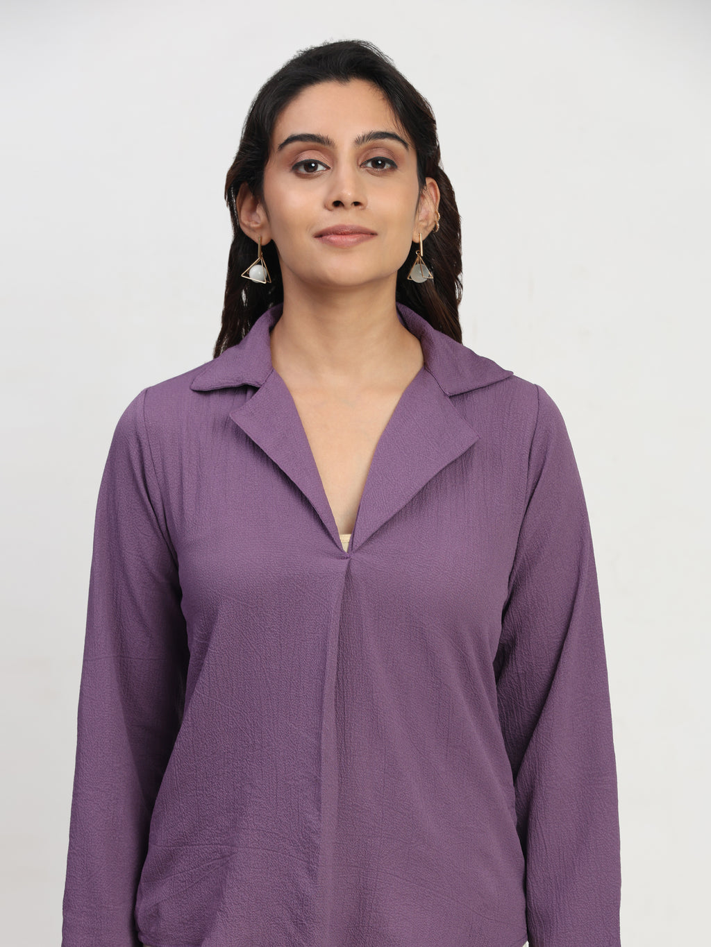 TrendRush Women Purple V-Neck Pleated Everyday Casual Top