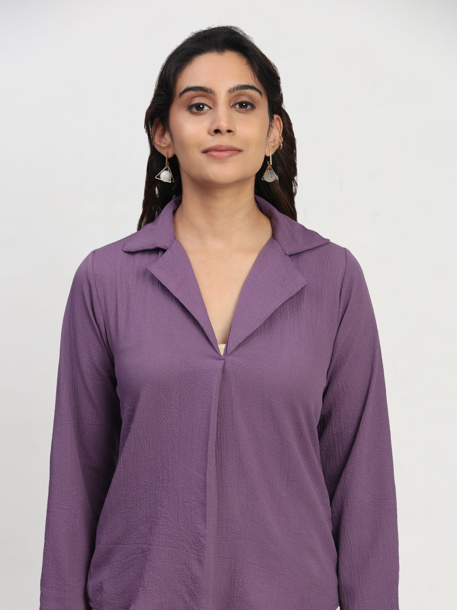 TrendRush Women Purple V-Neck Pleated Everyday Casual Top