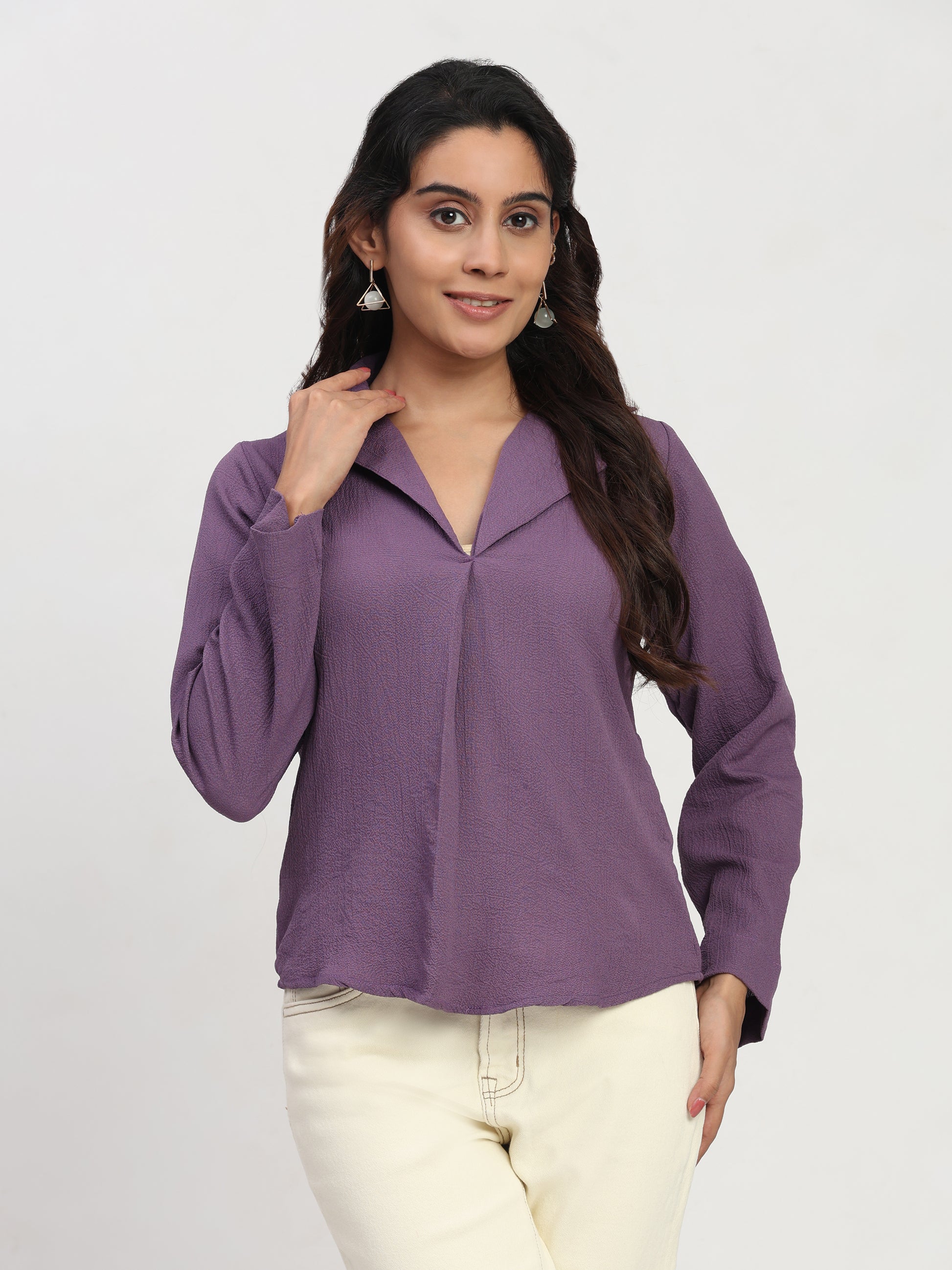 TrendRush Women Purple V-Neck Pleated Everyday Casual Top
