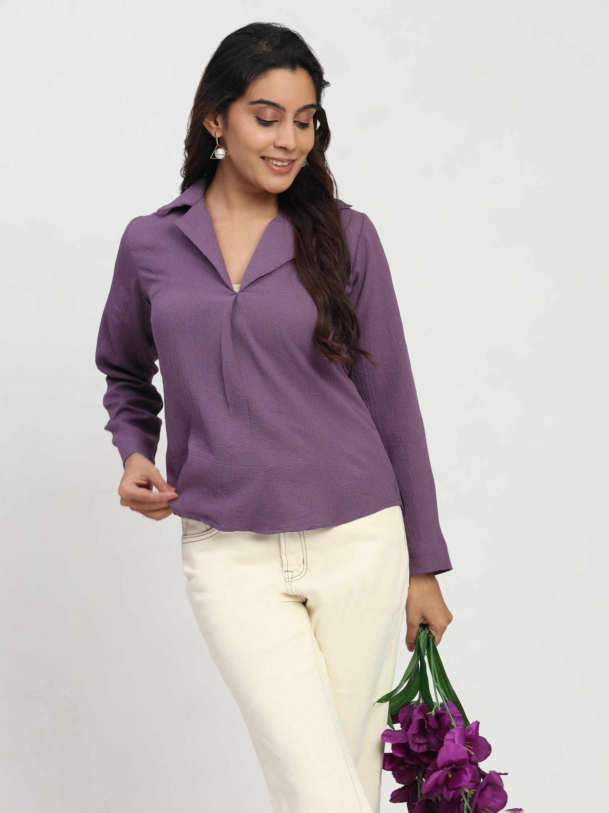 TrendRush Women Purple V-Neck Pleated Everyday Casual Top