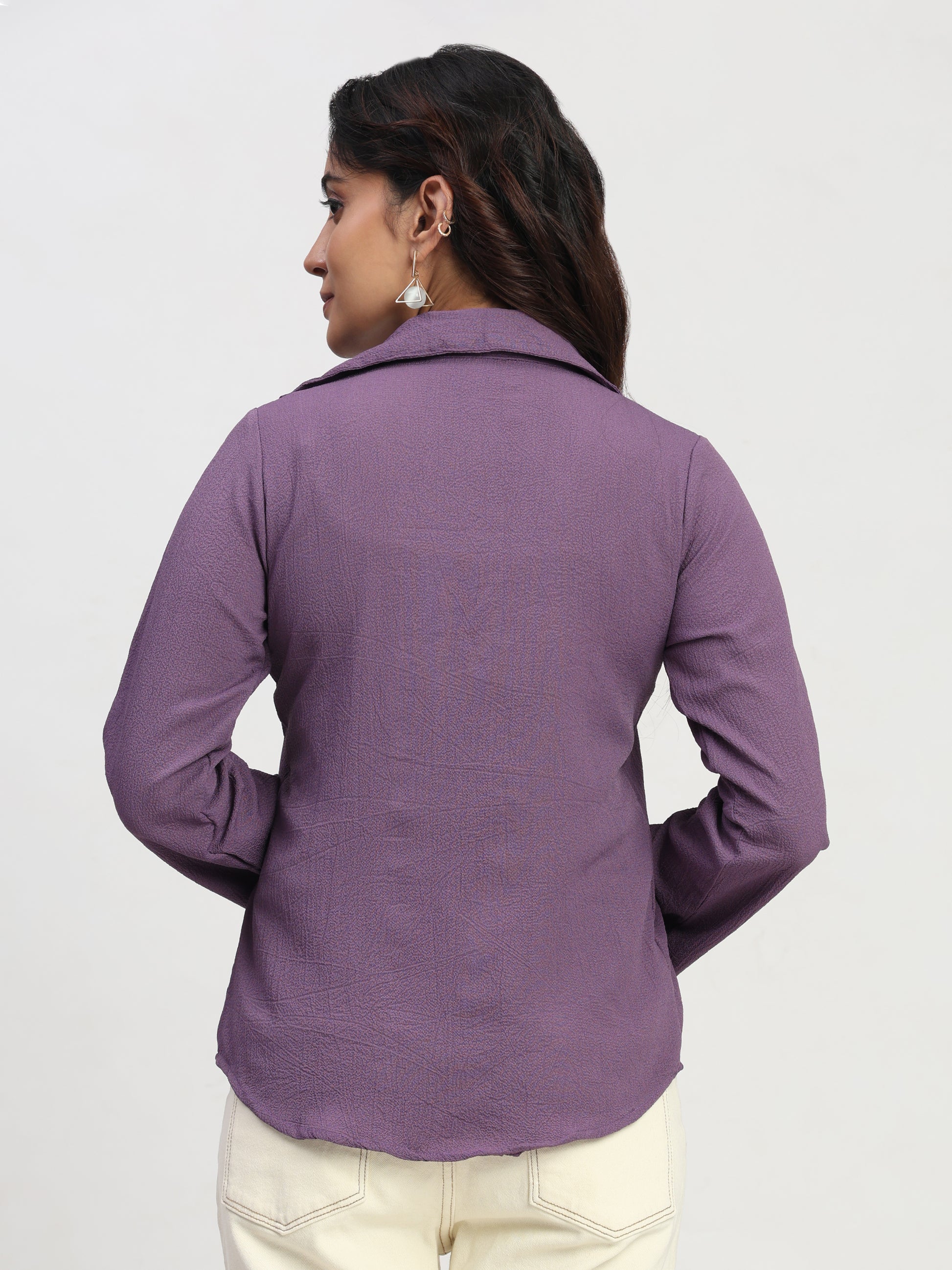 TrendRush Women Purple V-Neck Pleated Everyday Casual Top