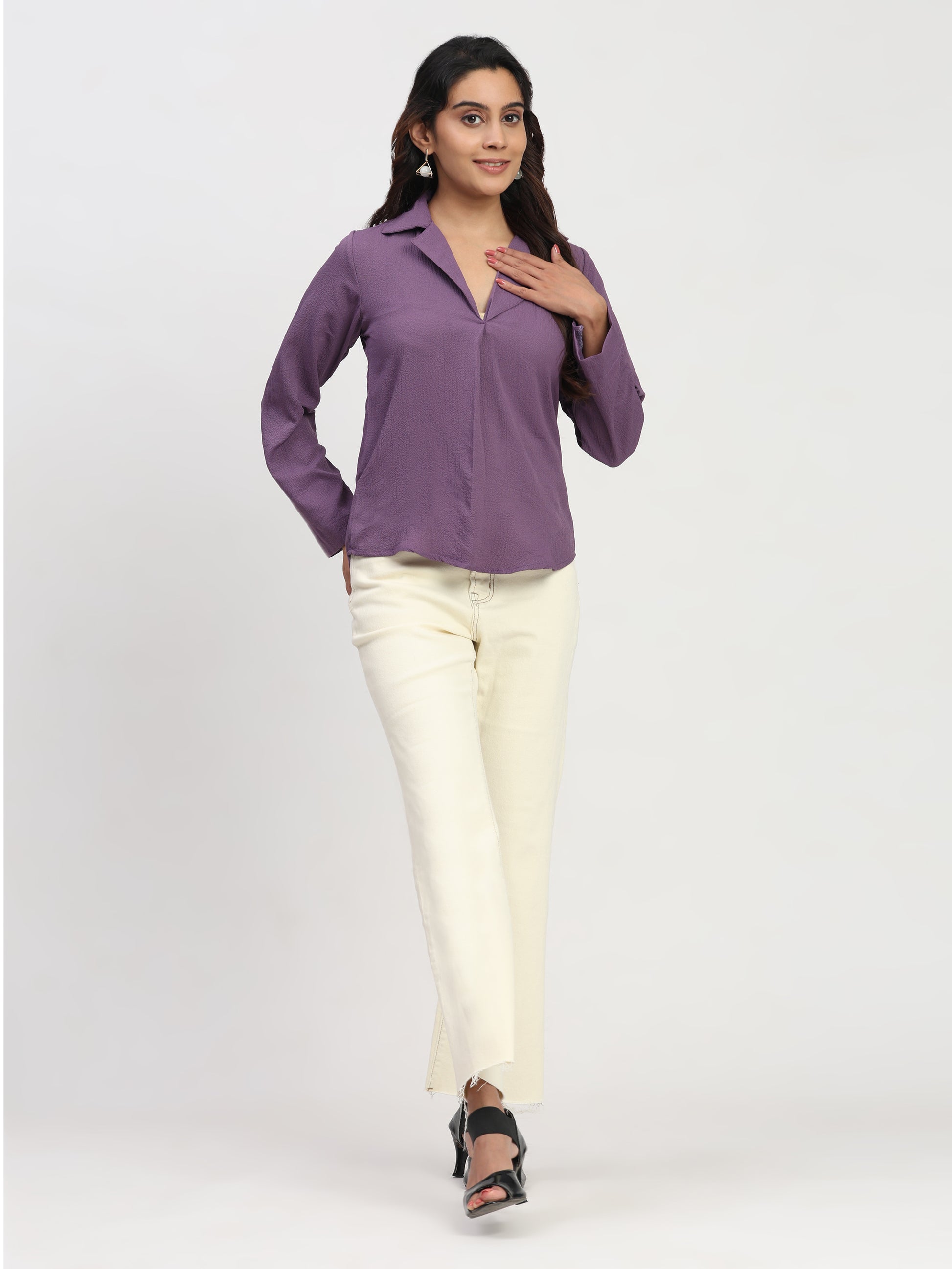 TrendRush Women Purple V-Neck Pleated Everyday Casual Top