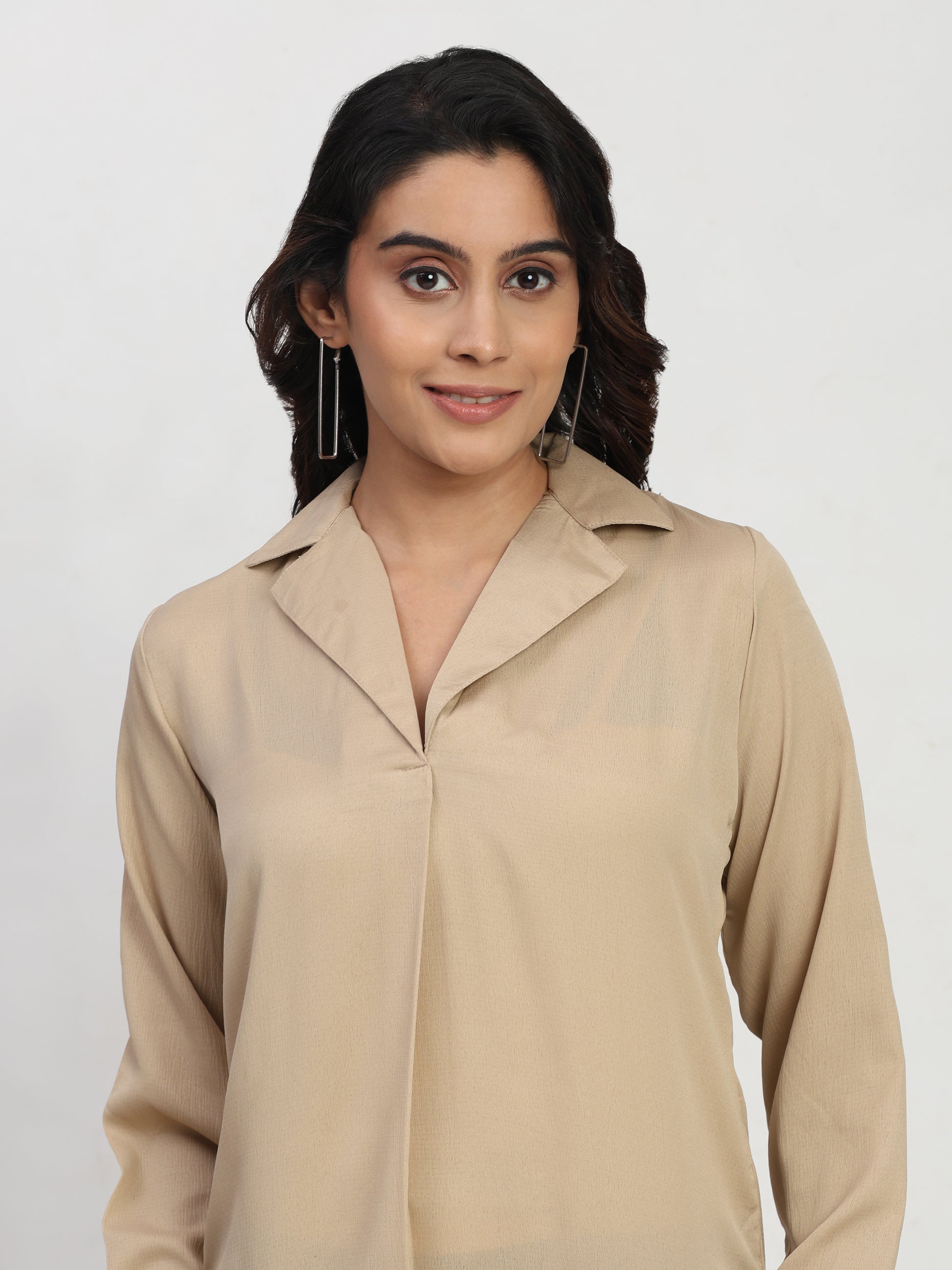 TrendRush Women Beige V-Neck Pleated Smart Casual Top
