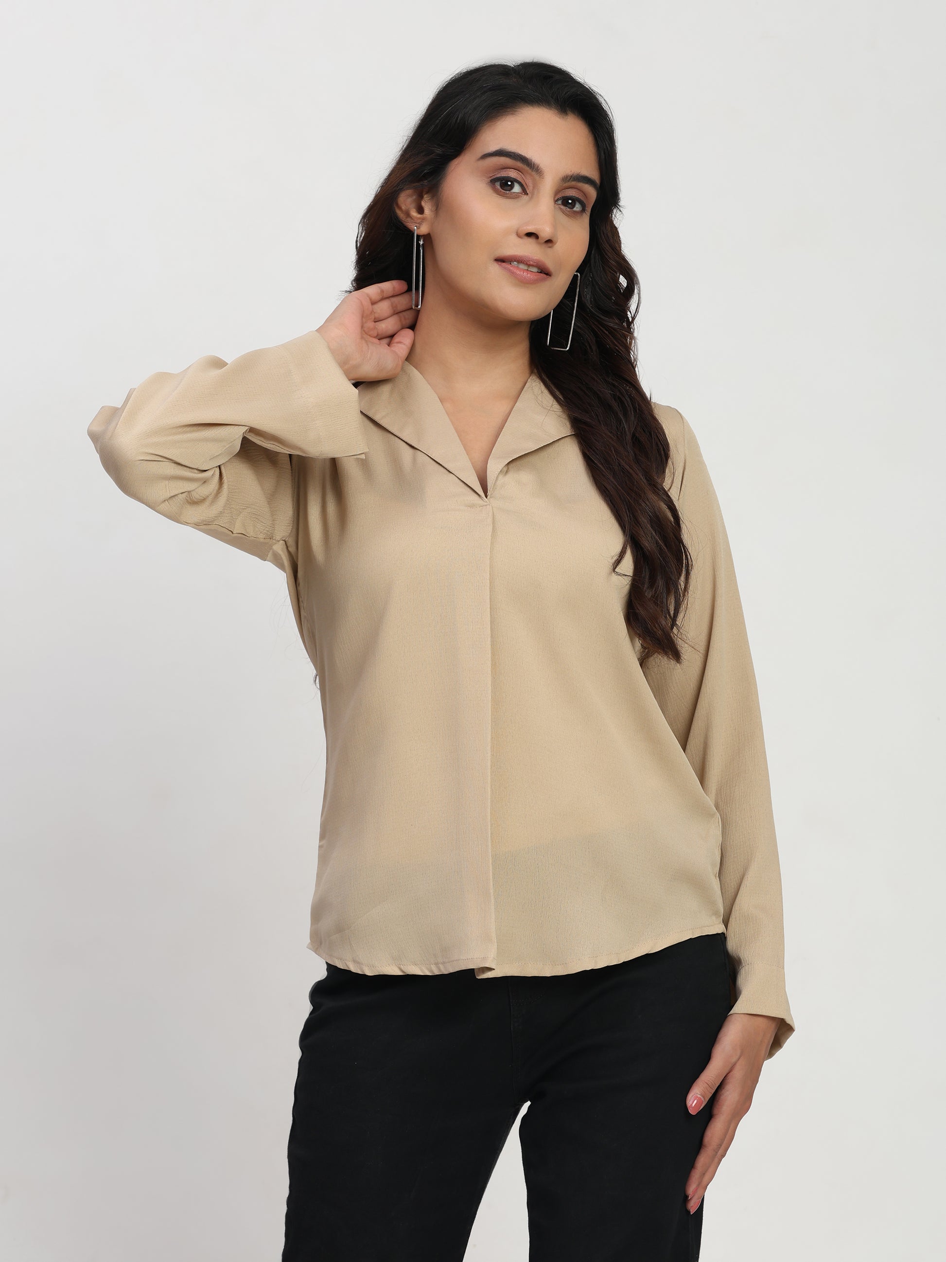TrendRush Women Beige V-Neck Pleated Smart Casual Top