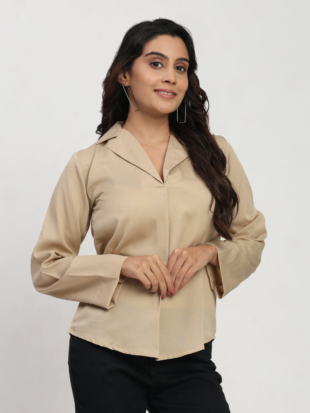 TrendRush Women Beige V-Neck Pleated Smart Casual Top