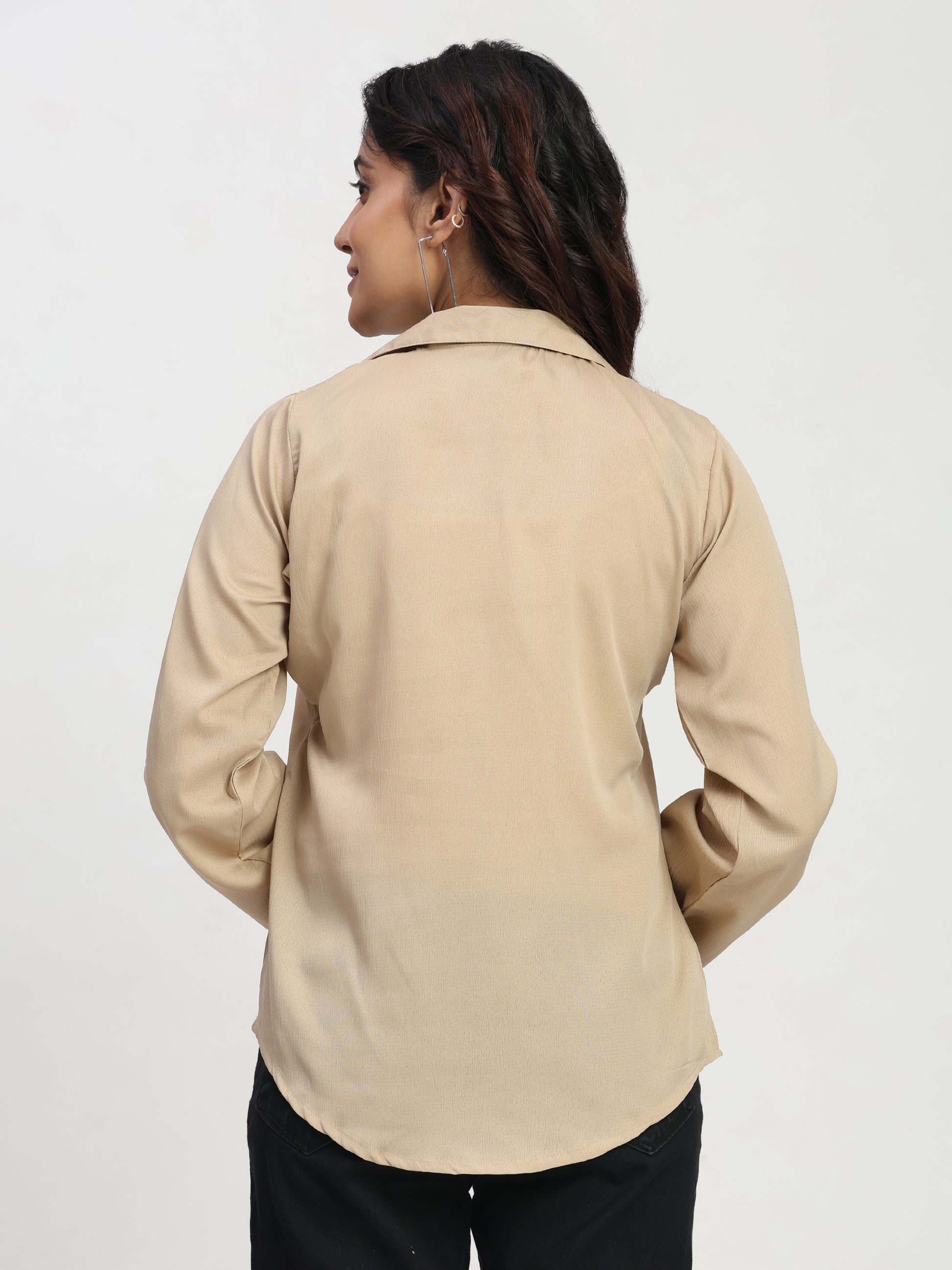 TrendRush Women Beige V-Neck Pleated Smart Casual Top
