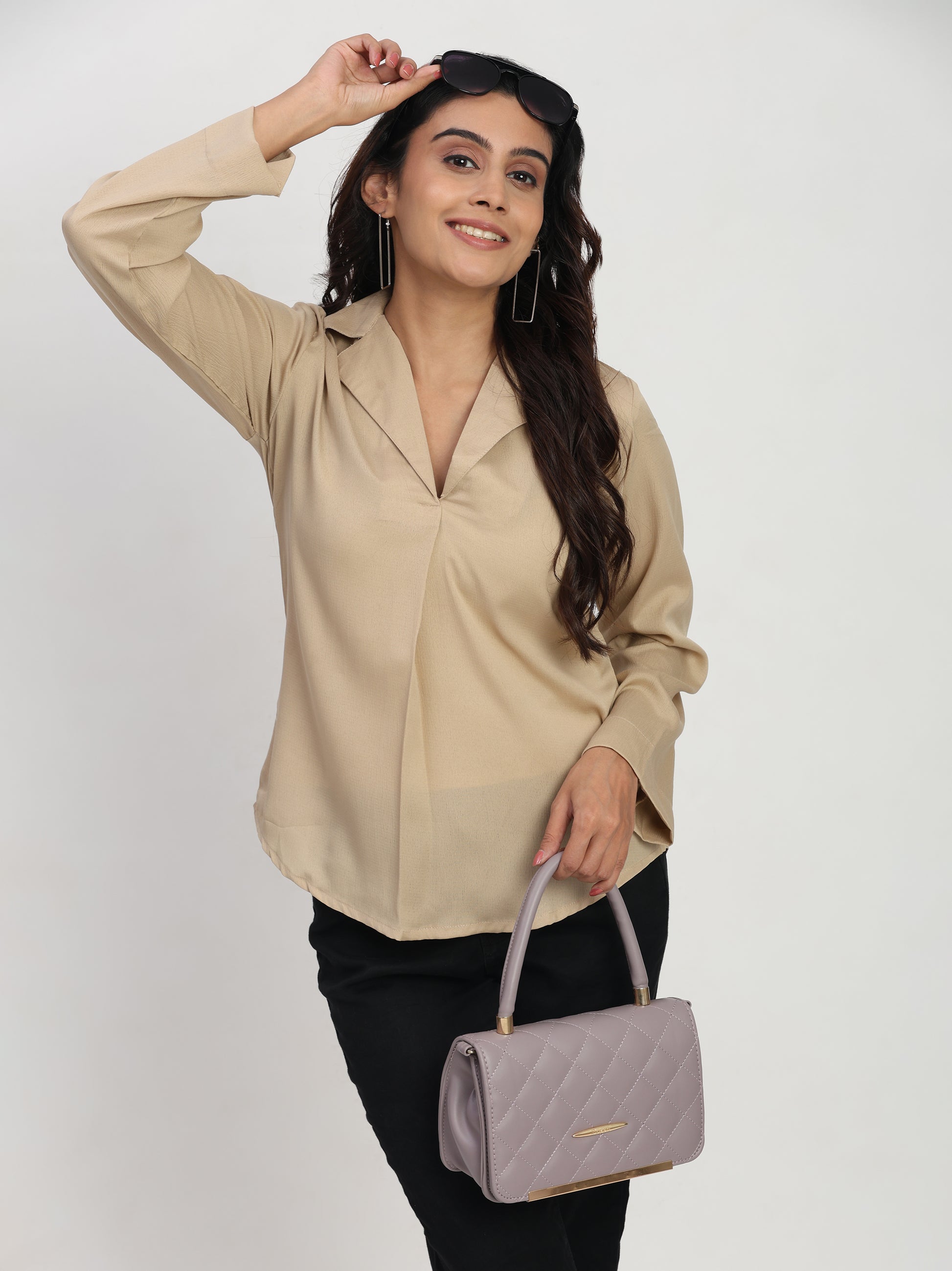 TrendRush Women Beige V-Neck Pleated Smart Casual Top