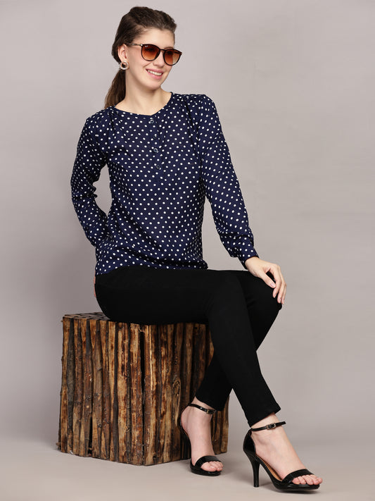 TrendRush Women Polka Printed Blue Casual Top