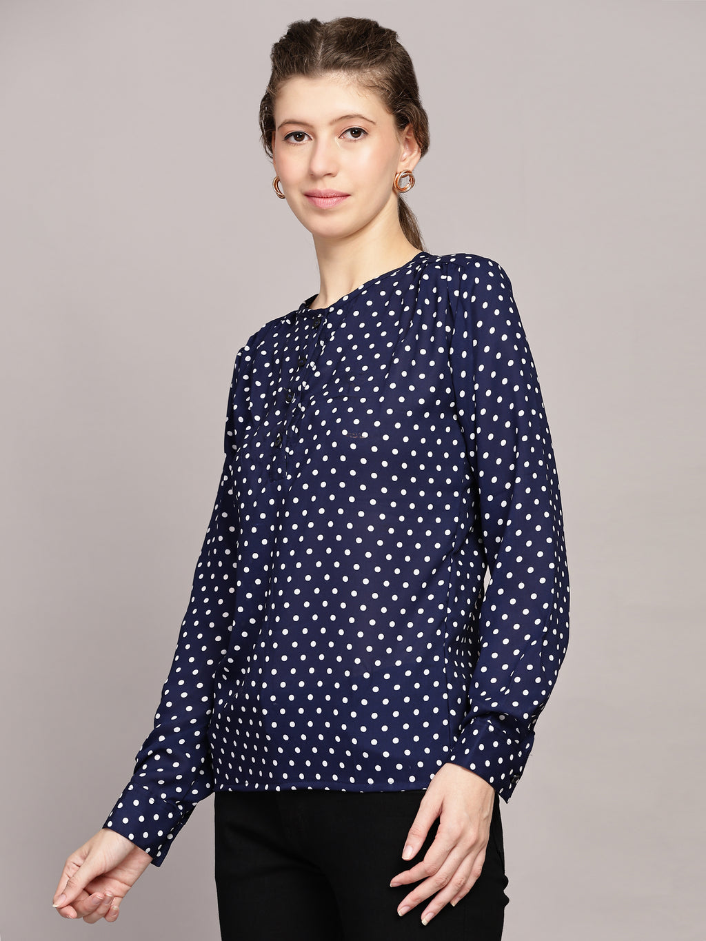 TrendRush Women Polka Printed Blue Casual Top