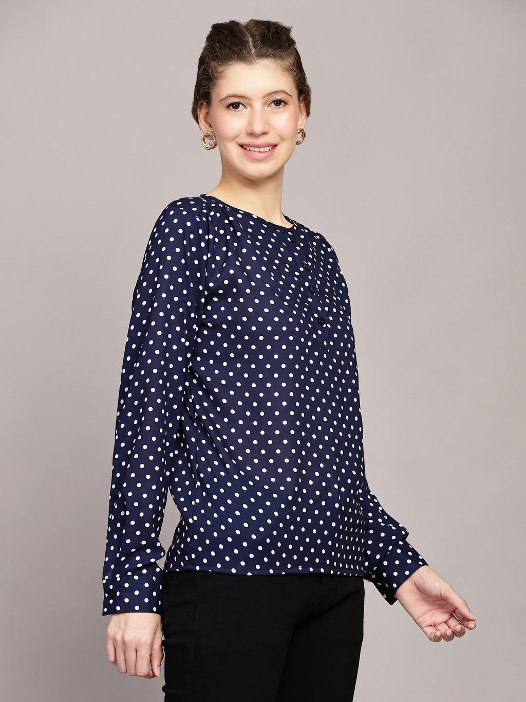 TrendRush Women Polka Printed Blue Casual Top
