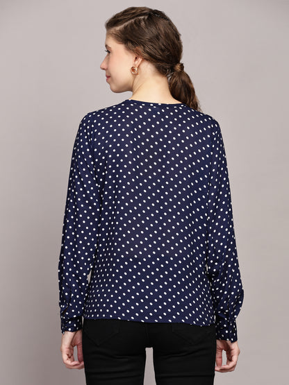 TrendRush Women Polka Printed Blue Casual Top