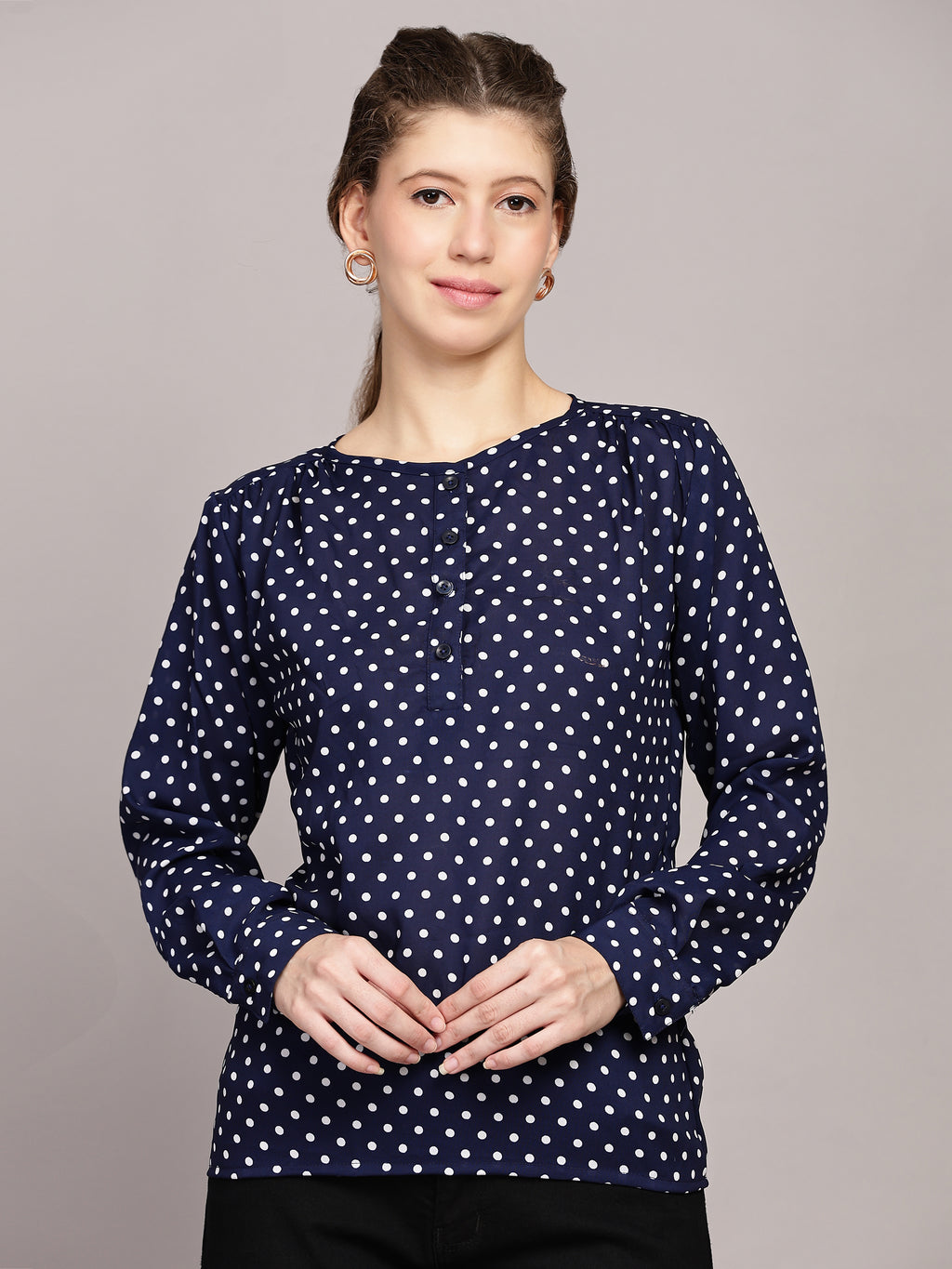 TrendRush Women Polka Printed Blue Casual Top