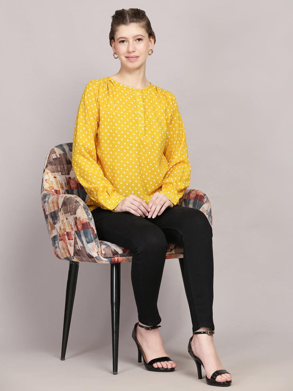TrendRush Women Polka Printed Yellow Casual Top