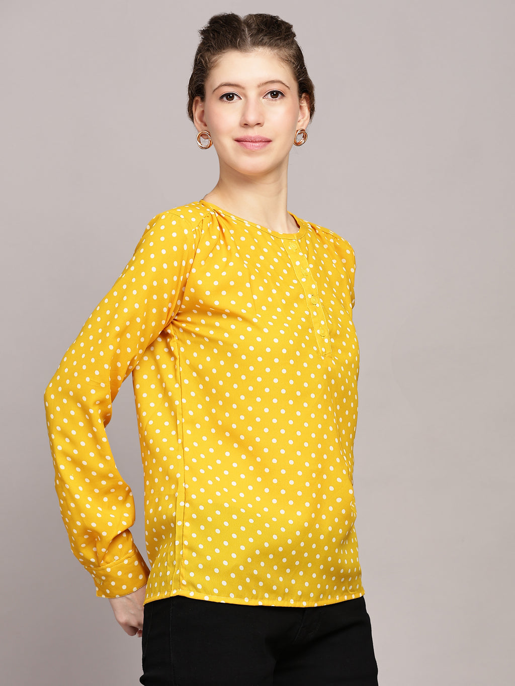 TrendRush Women Polka Printed Yellow Casual Top