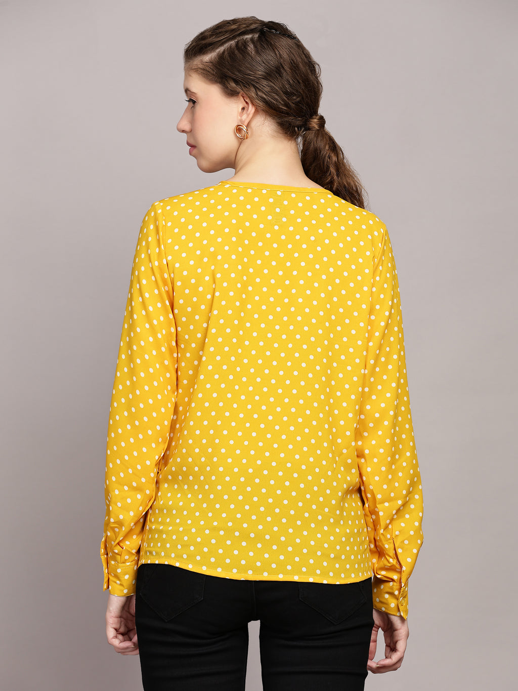 TrendRush Women Polka Printed Yellow Casual Top