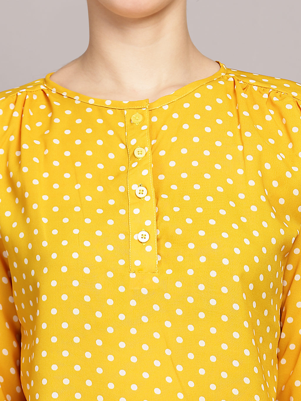 TrendRush Women Polka Printed Yellow Casual Top