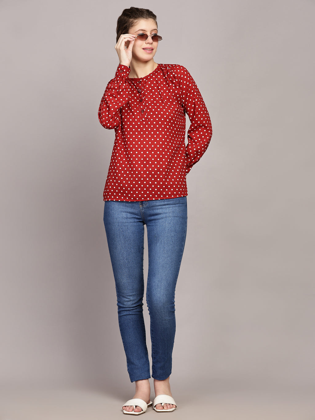 TrendRush Women Polka Printed Red Casual Top