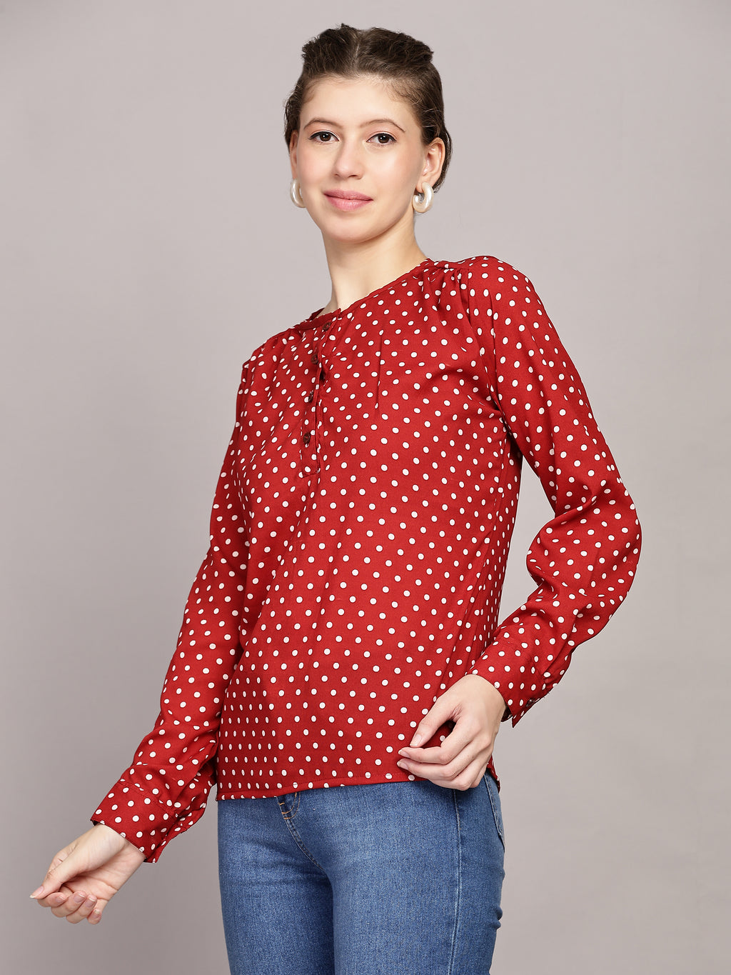 TrendRush Women Polka Printed Red Casual Top
